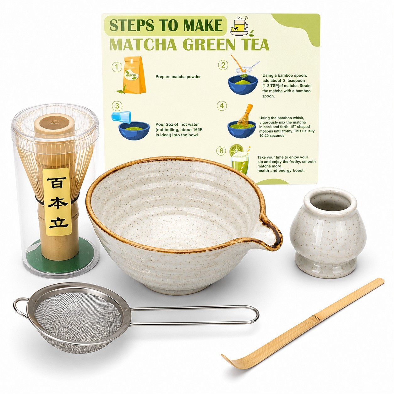 Japanese Matcha Tea Set Ceramic Bowl Whisk Holder Sifter Bamboo Scoop Kit