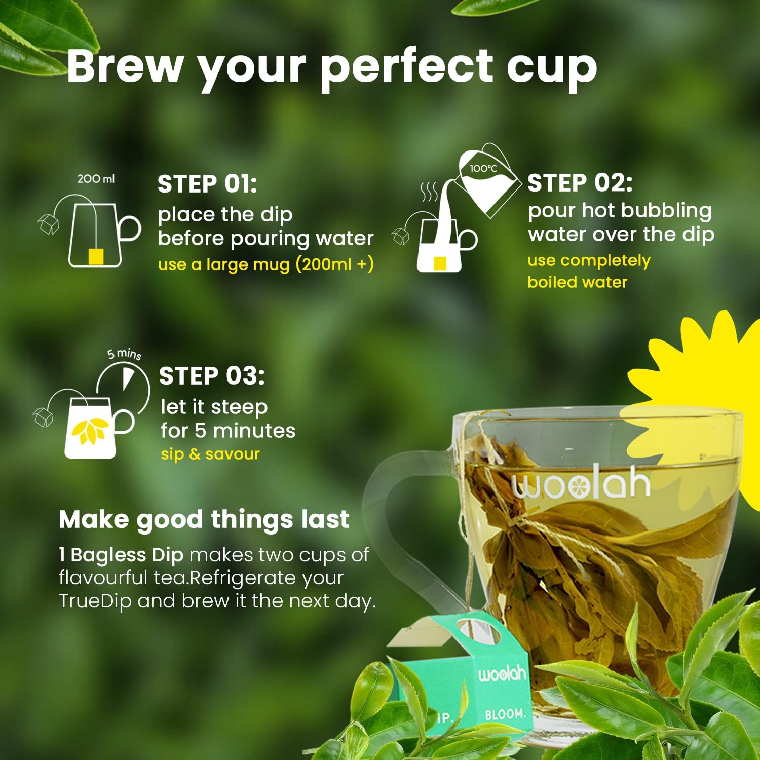Woolah Assam Green Tea Organic Plastic Free 30 Dips 60 Cups