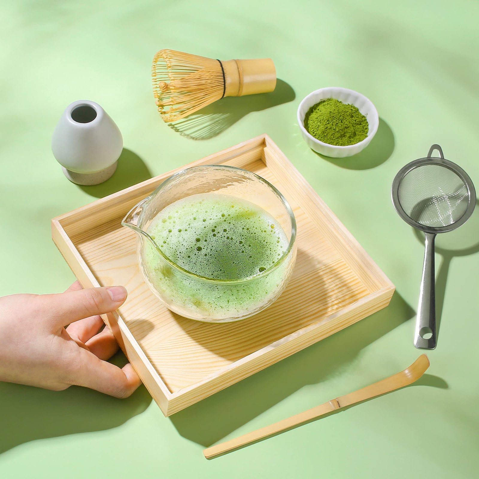 Bamboo Matcha Set – 13.5oz Glass Bowl, 100 Prong Whisk, Scoop – Travel Kit