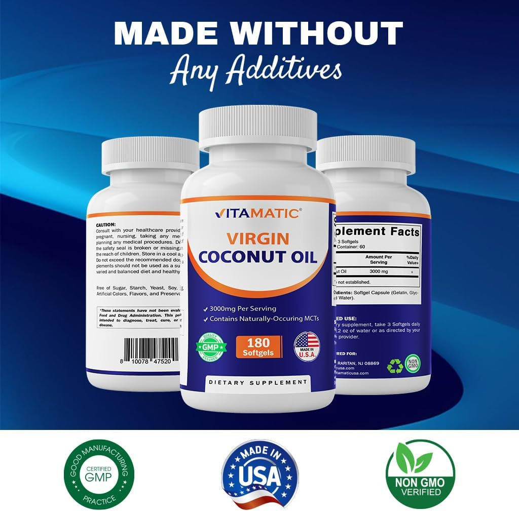 Vitamatic Virgin Coconut Oil Softgels, 3000 mg Per Serving, 60 Servings, 180…