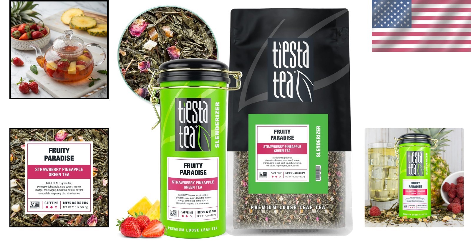 Green Tea: Fruity Paradise, Medium Caffeine, Bulk Pouch + Tin