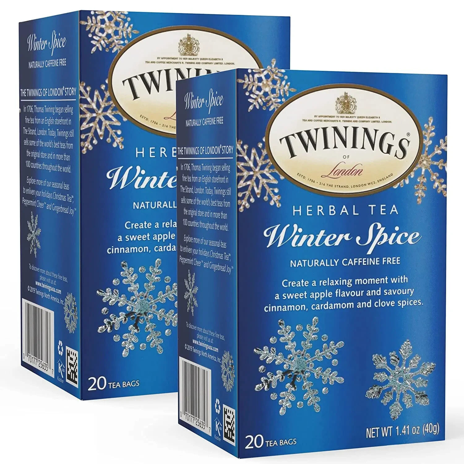 LOT 2 TWININGS WINTER SPICE HERBAL TEA APPLE CINNAMON CARDAMOM CLOVES = 40 BAGS