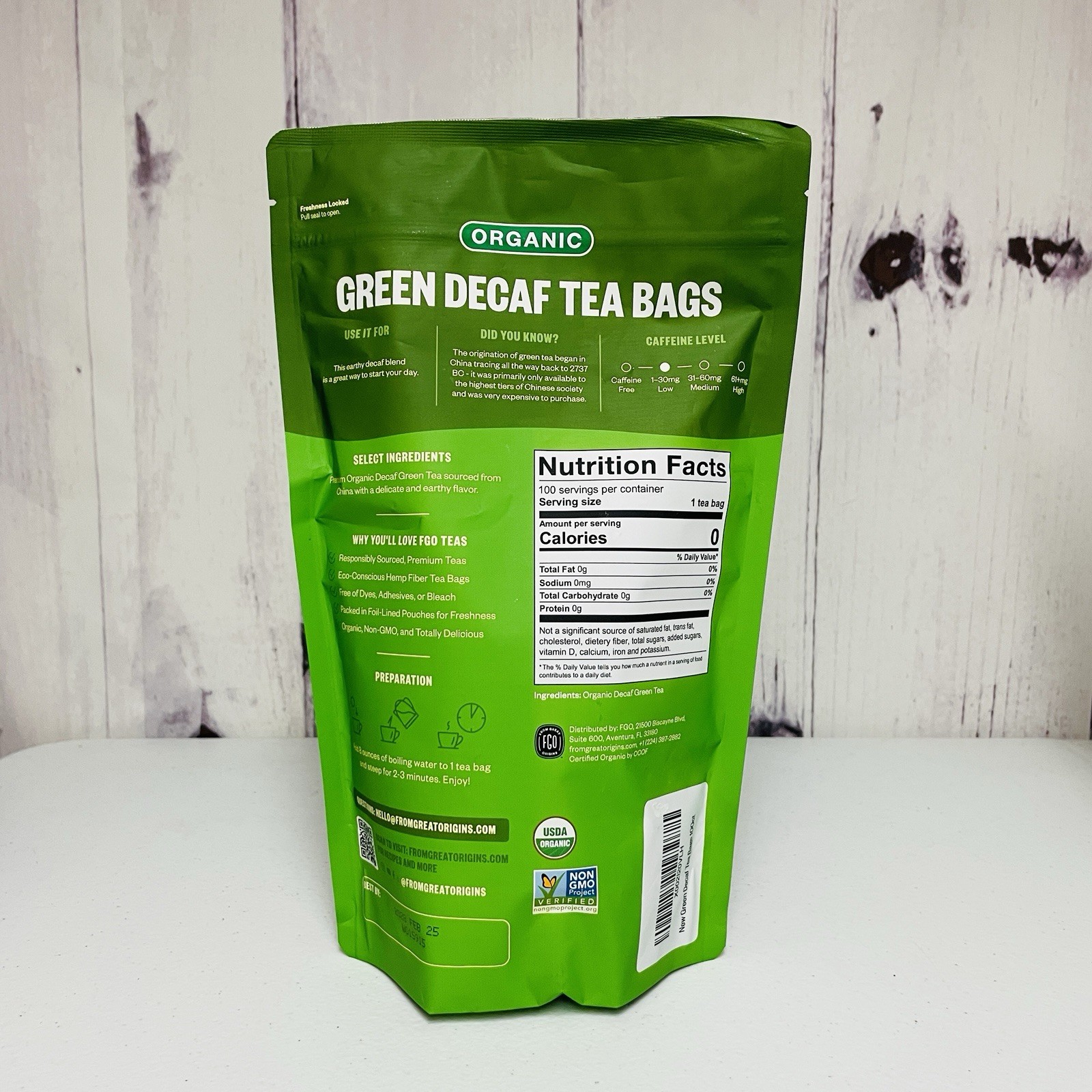 FGO Organic Green Decaf Tea, 100 Count Eco-Conscious 100 Count 02/2028 New