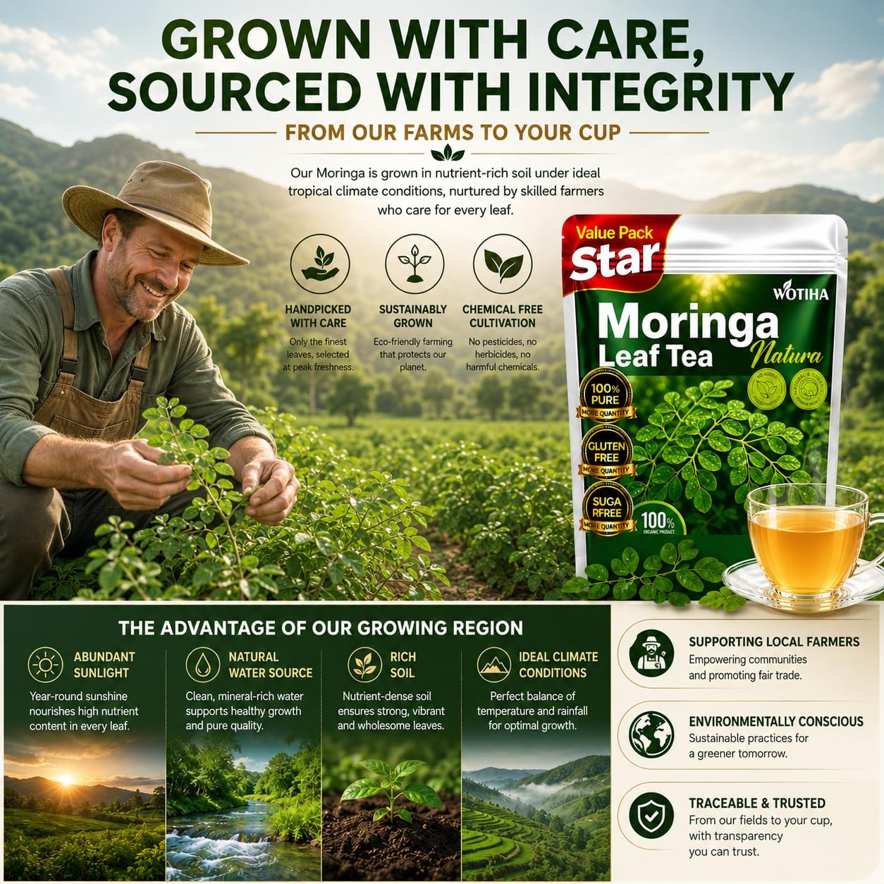 Moringa Tea Herbal Bags, 60 Count,100% Pure & Natural Moringa Leaves, Cultiva…