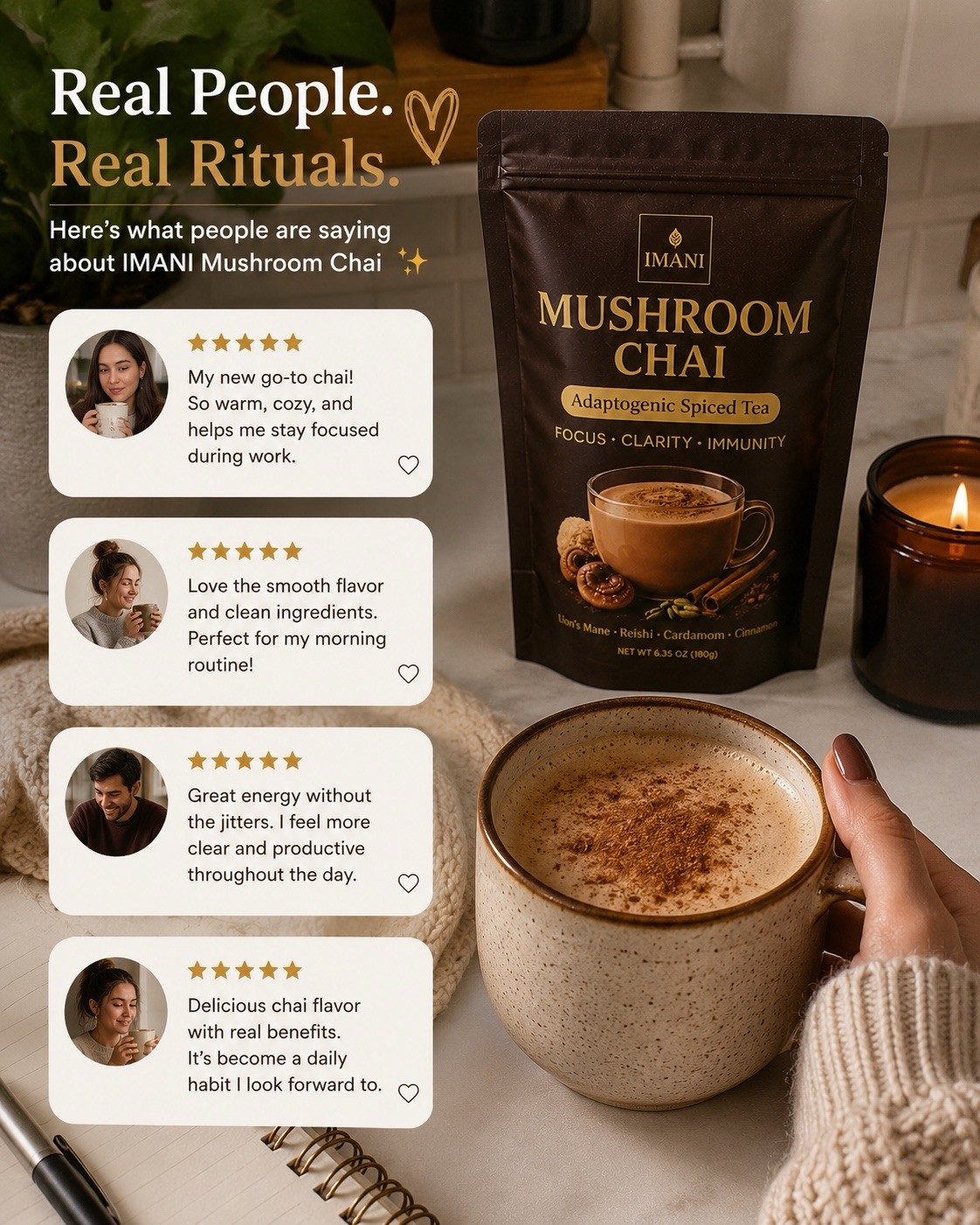4 PACK IMANI ORGANICS Adaptogenic Mushroom Chai – Focus & Energy Blend 180g DEAL