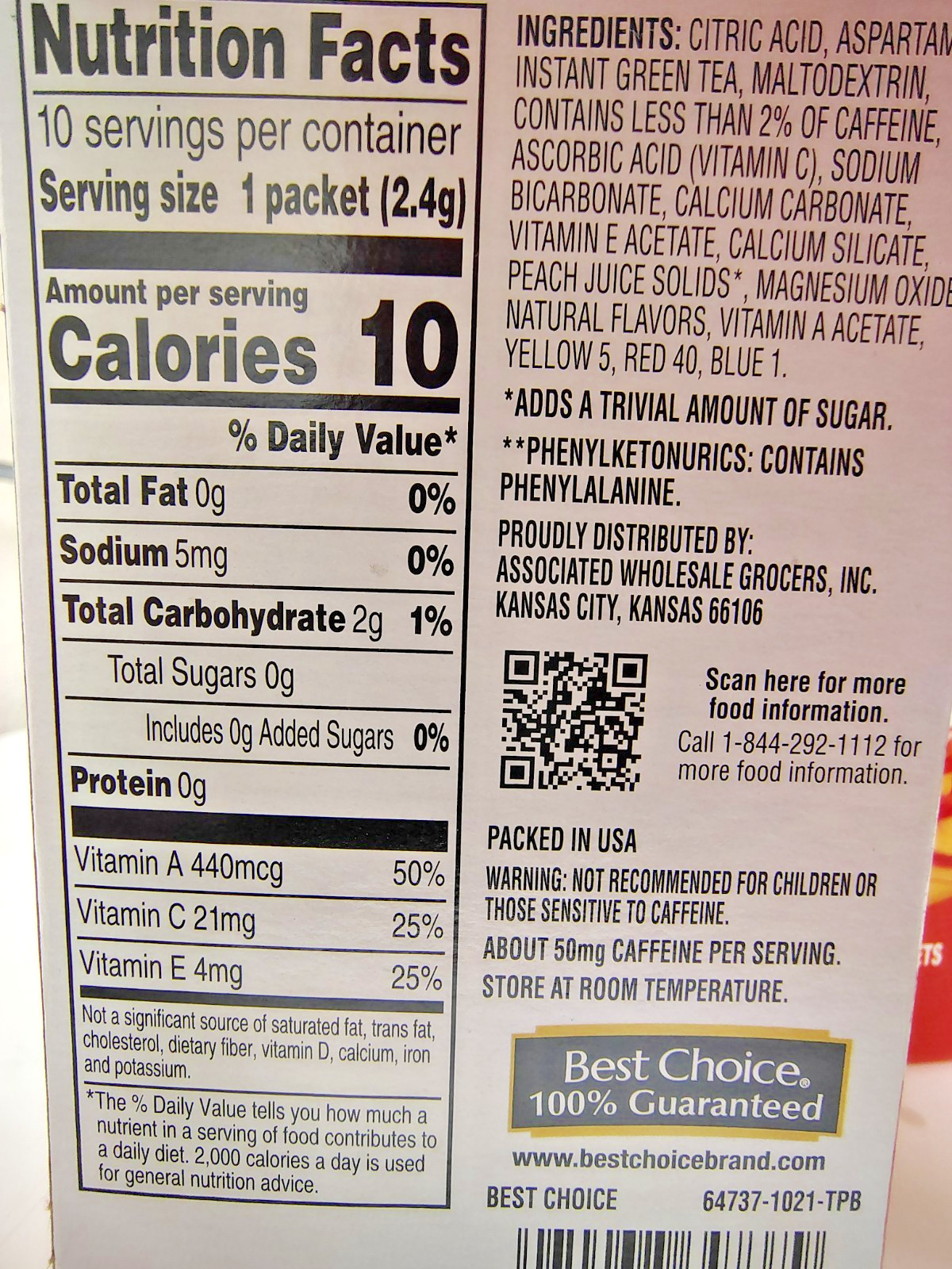 Best Choice Peach Mango Green Tea w/ Caffeine, BB 1226, Open Box / 60 Sticks