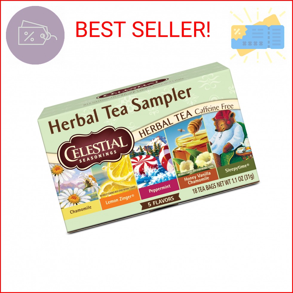 Celestial Seasonings Herbal Tea Sampler Variety Pack, Caffeine Free, 18 Tea Bags