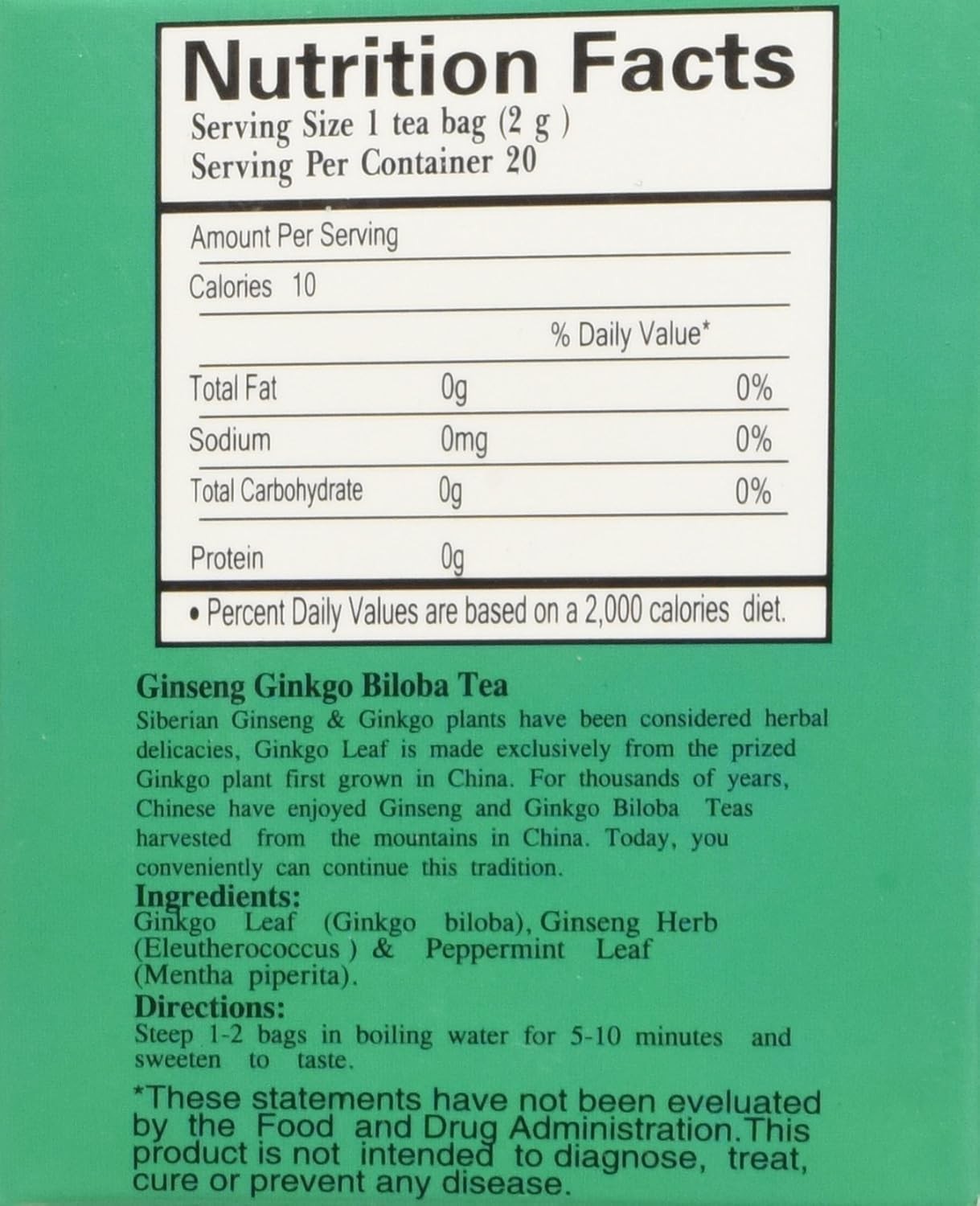 Ginseng Ginkgo Biloba Herbal Tea – 20 Bags to Enhance Energy & Mental Power