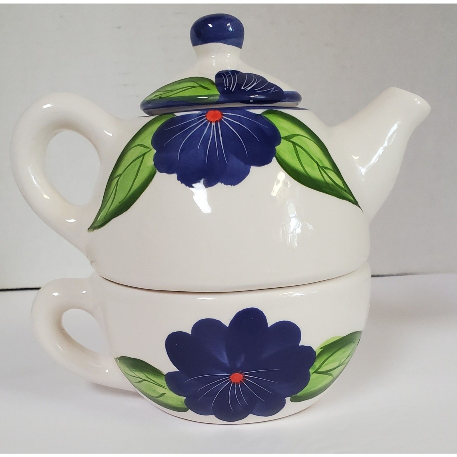 Tea Pot 3 Piece Single Serve Ceramic With Hand Painted Blue Violets