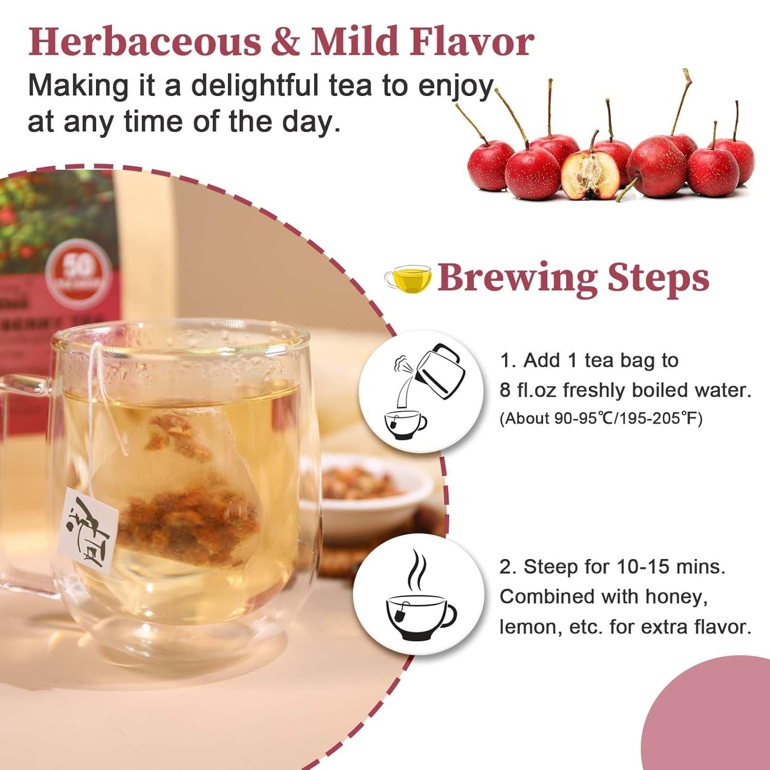 Hawthorn Berry Tea – 50 Teabags, Non-GMO, Caffeine-Free, Aids Digestion,