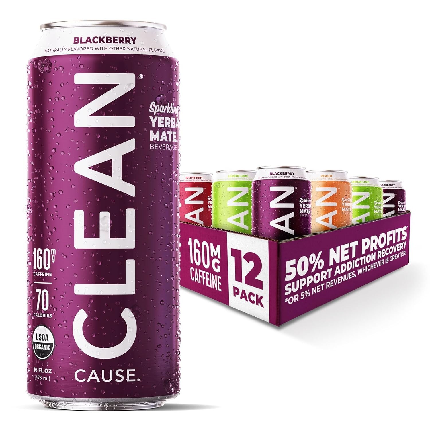 CLEAN Cause Organic Sparkling Yerba Mate 12-Pack – Low Cal, 160mg Caffeine/-