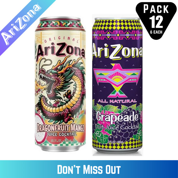 Arizona Drinks Dragon Fruit Mango-Grapeade, 23 fl oz Cans (12PK 6 each flavors)