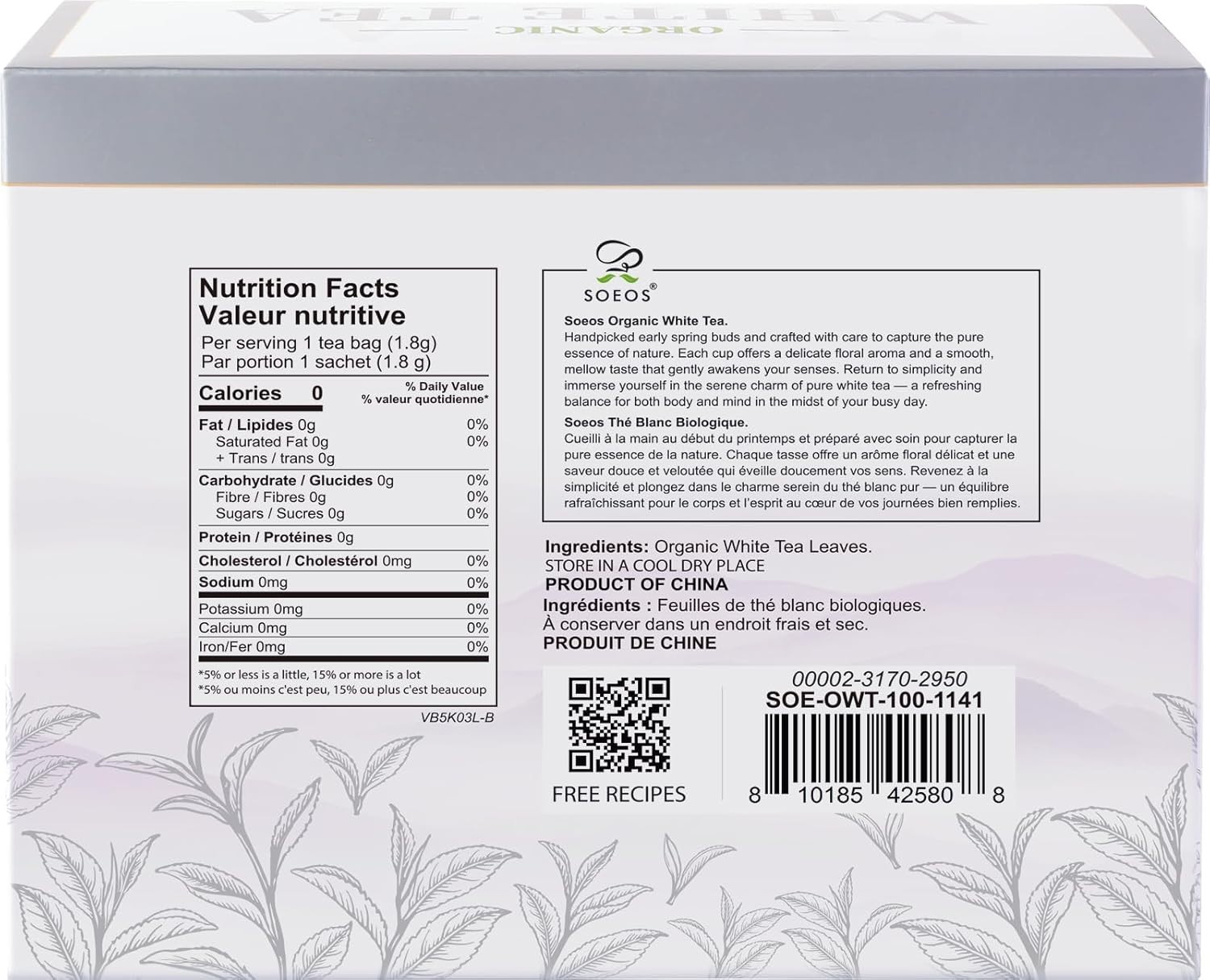 Elegant Organic White Tea – 100 Individually Wrapped Teabags, Low Caffeine