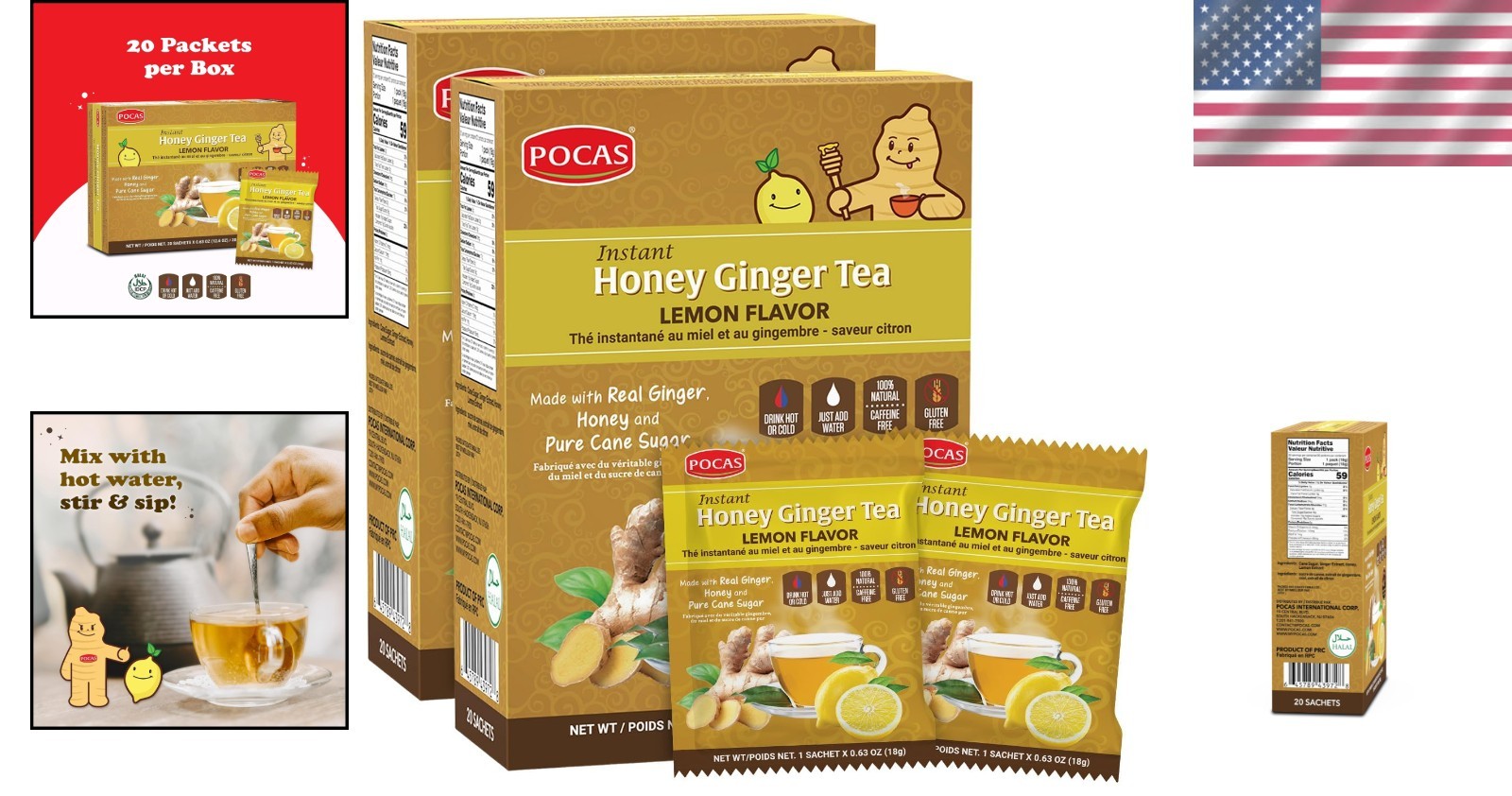 Natural Honey Ginger Tea with Lemon Instant Crystals – 40 Count for Digestion