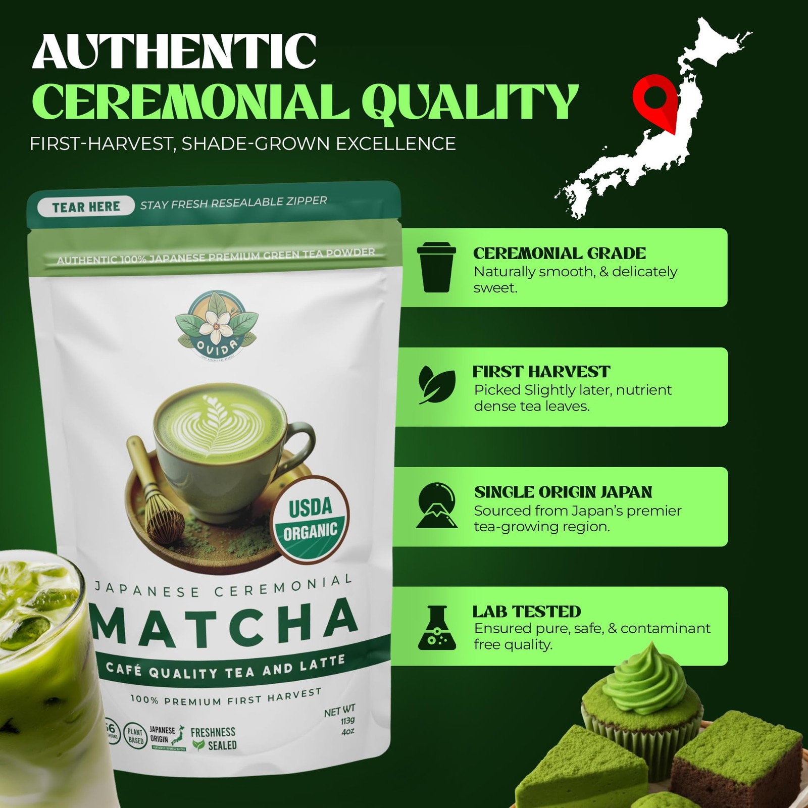 Ceremonial Grade Matcha Green Tea Powder 4oz – Japanese Origin, Stone Ground