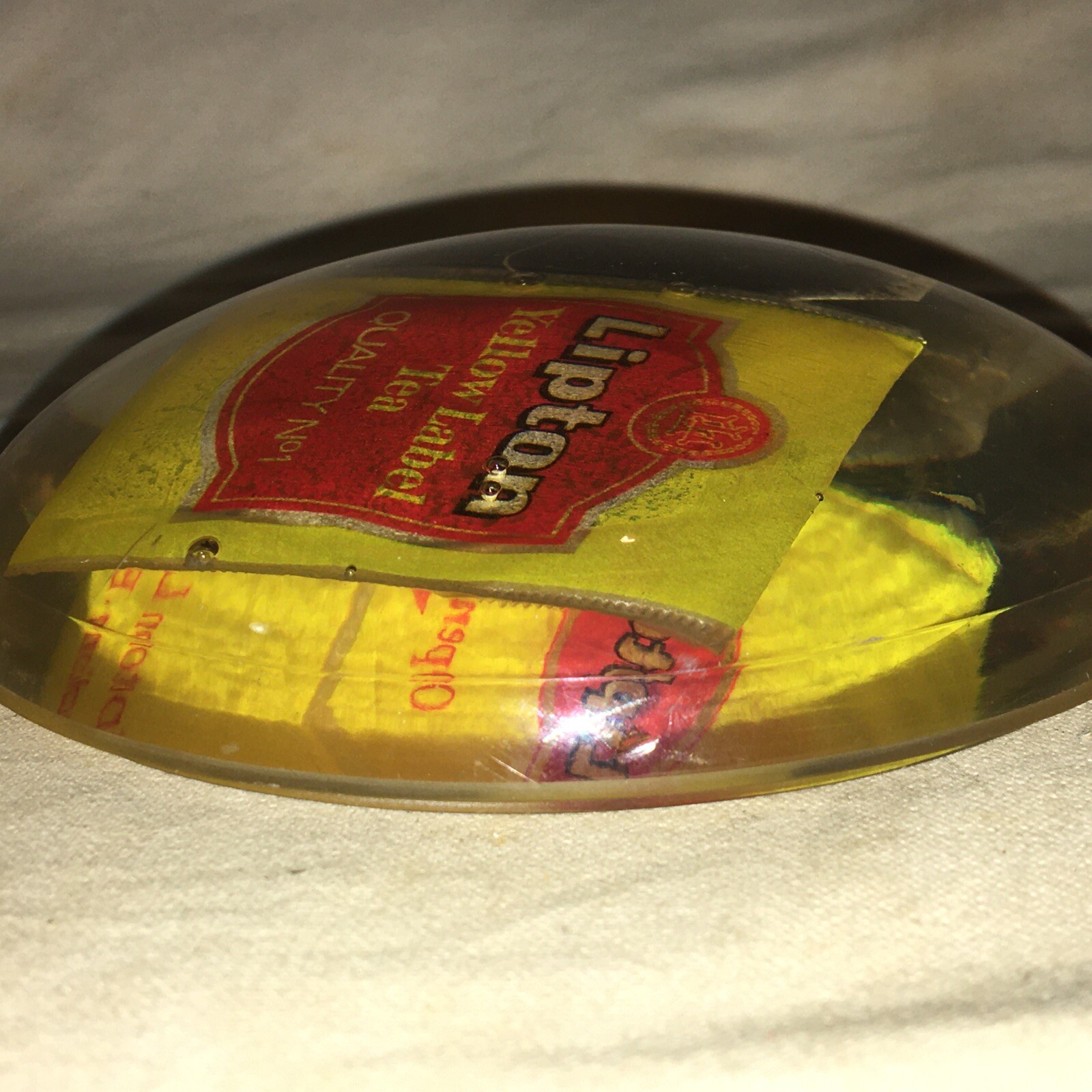 LIPTON BLACK TEA YELLOW LABEL LUCITE PAPERWEIGHT ENGLISH ENGLAND MID CENTURY