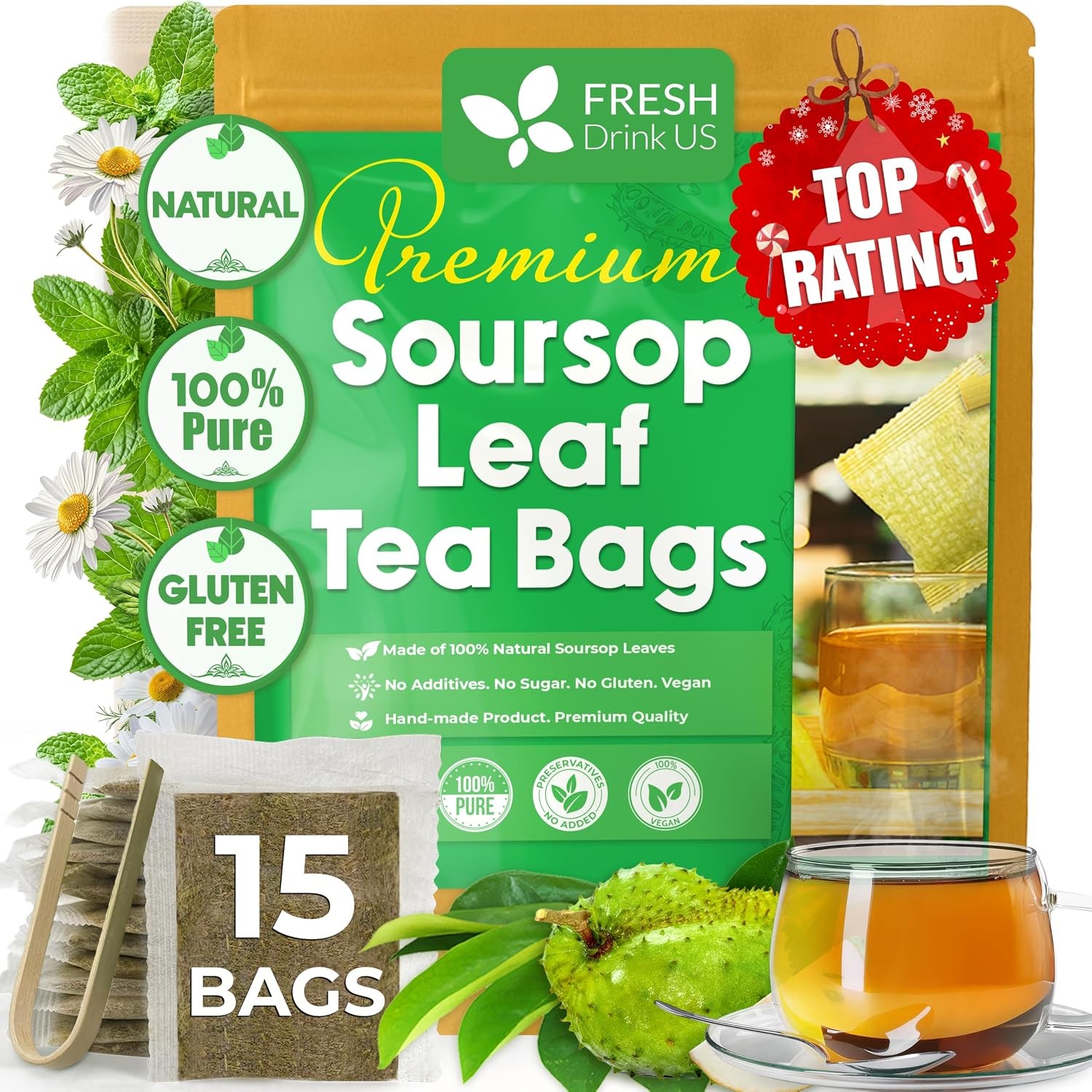 FreshDrinkUS, 15 Premium Soursop Graviola Leaf Tea Bags, 100% Natural and Pure