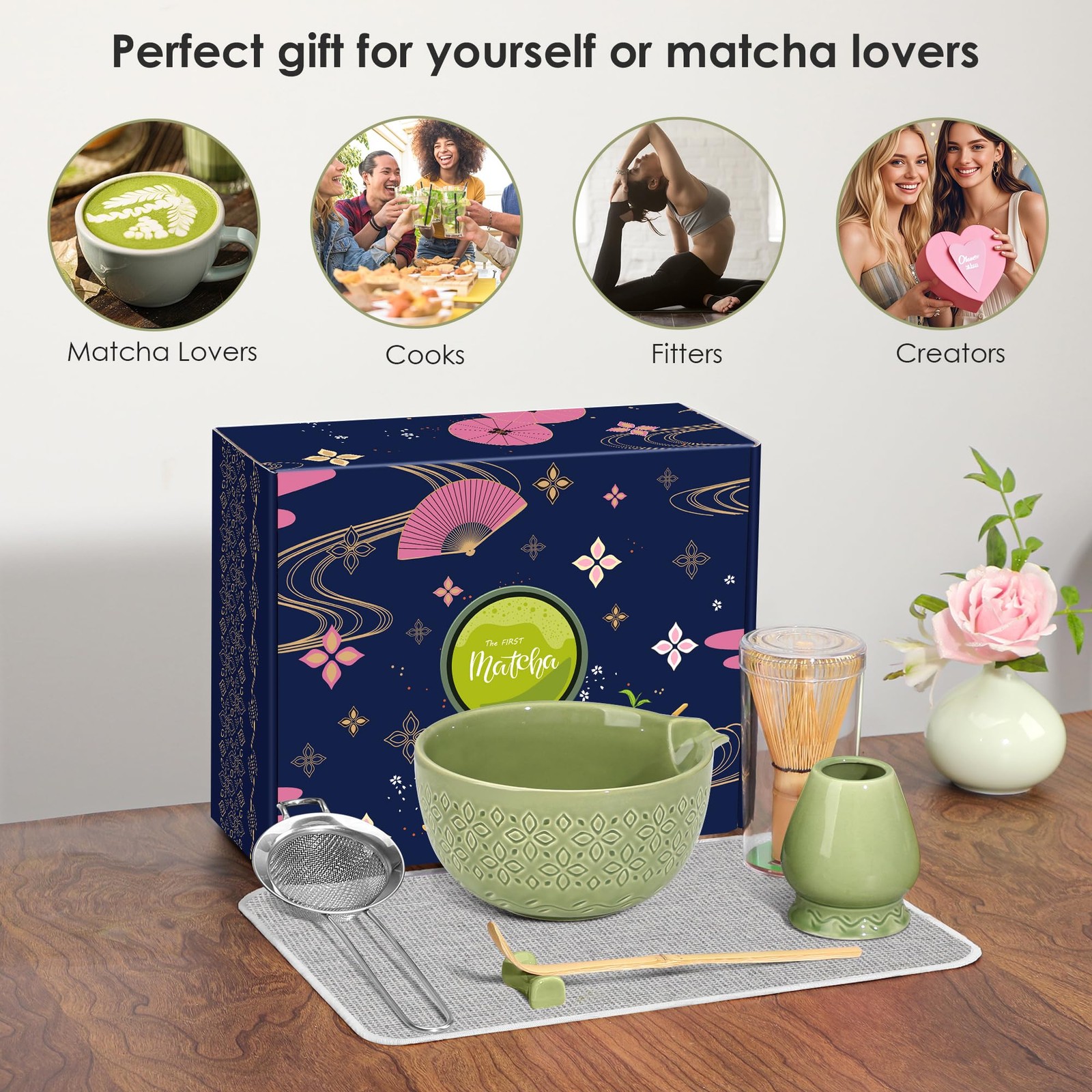 Matcha Whisk Set 7 Pc Bowl w Spout Bamboo Whisk Holder Scoop Sifter Green