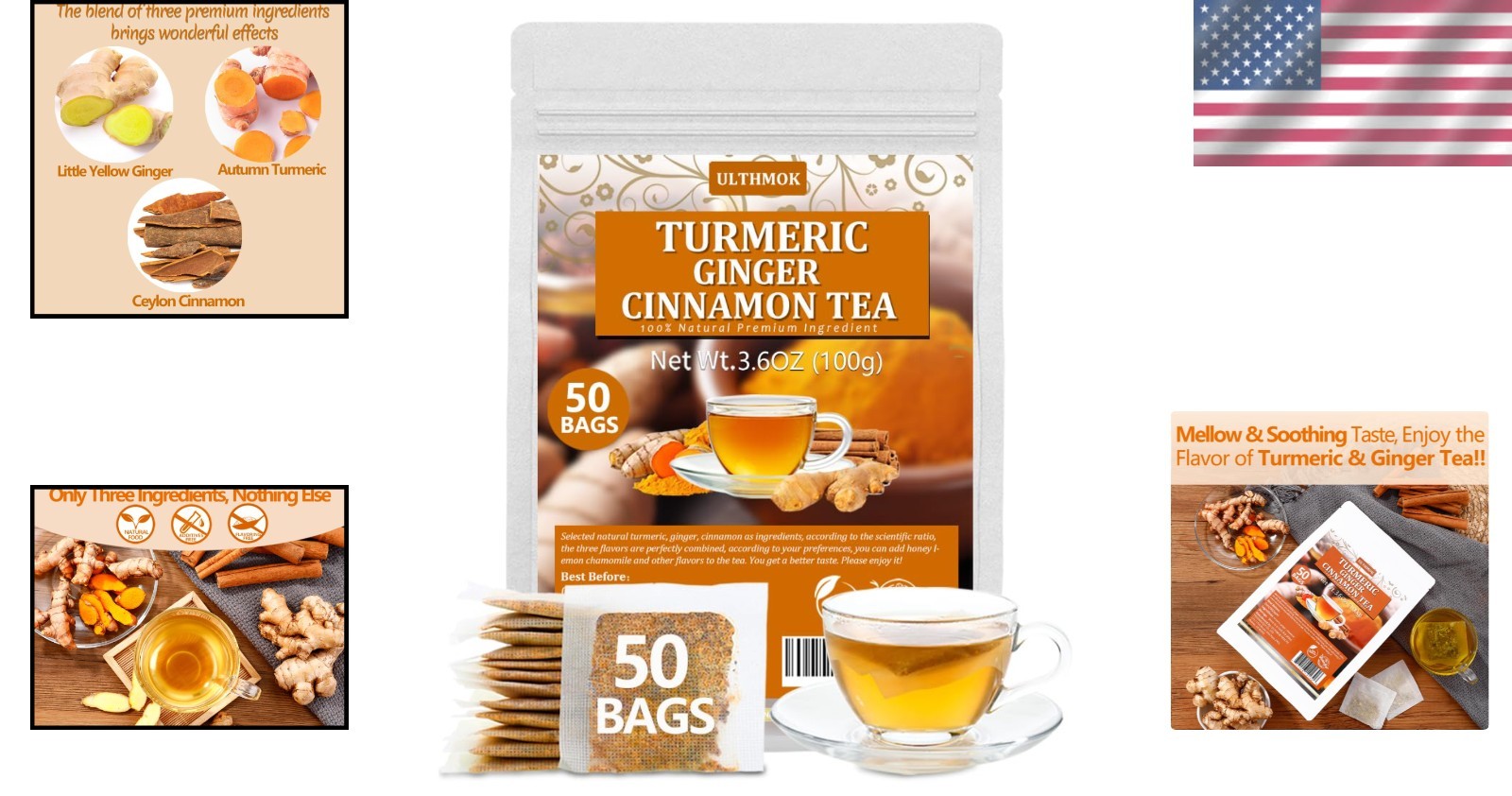 50 Caffeine-Free Turmeric Ginger Tea Bags – 100% Natural & Pure Flavor