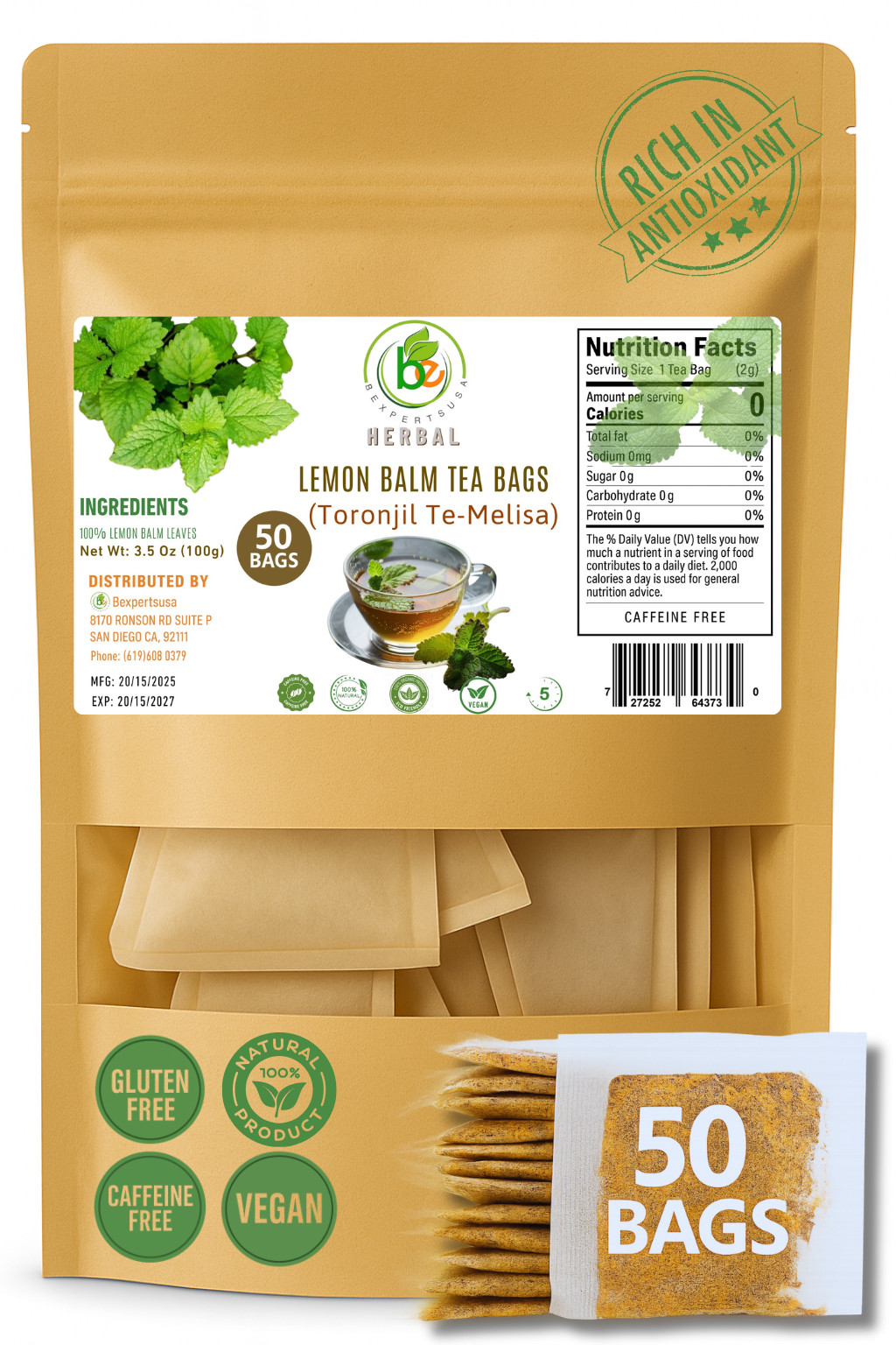 Toronjil (Lemon Balm) Herbal Tea – 50 Bags (2 g Each) – 100% Natural by Bexperts