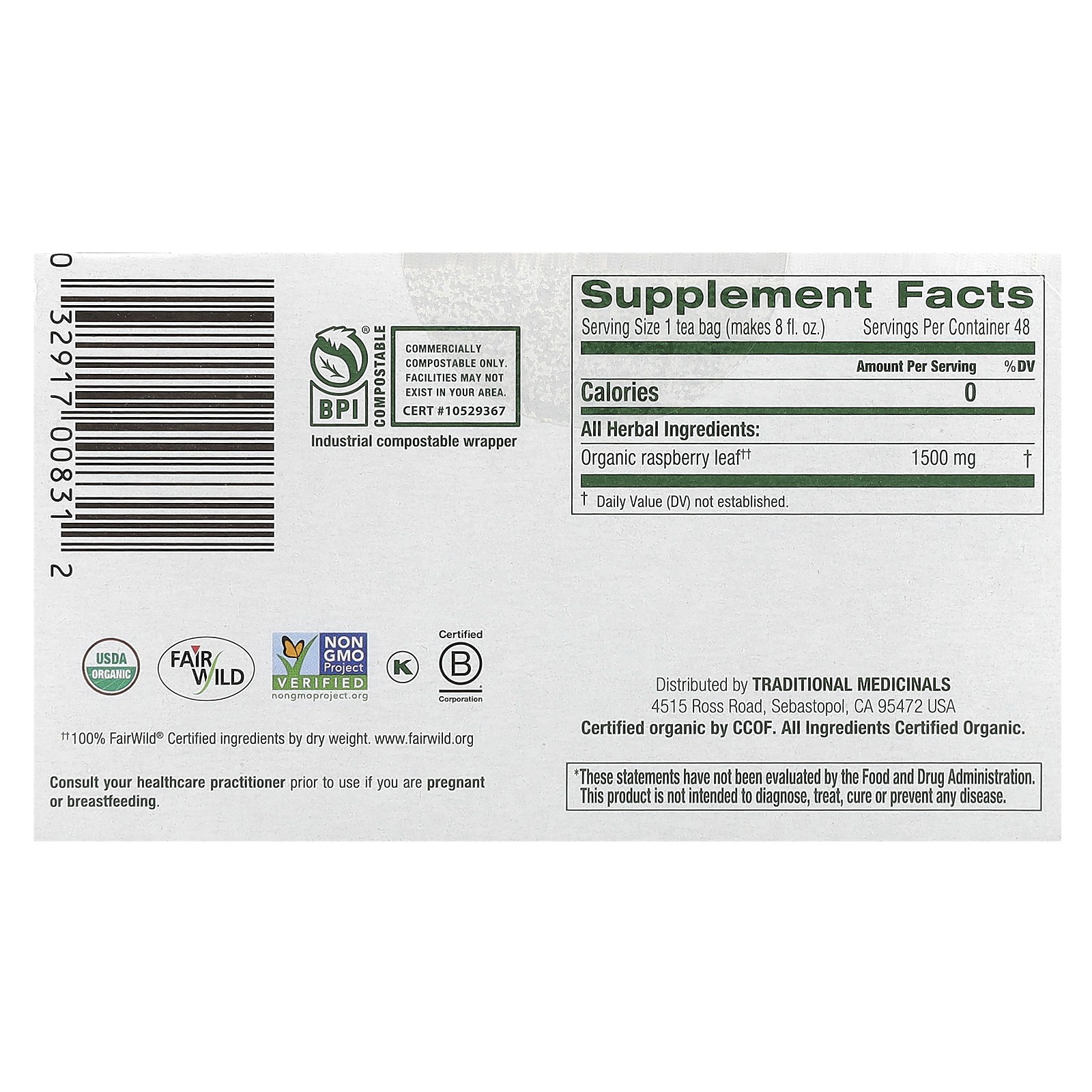 Organic Raspberry Leaf, Caffeine Free, 48 Wrapped Tea Bags, 2.53 oz (72 g)