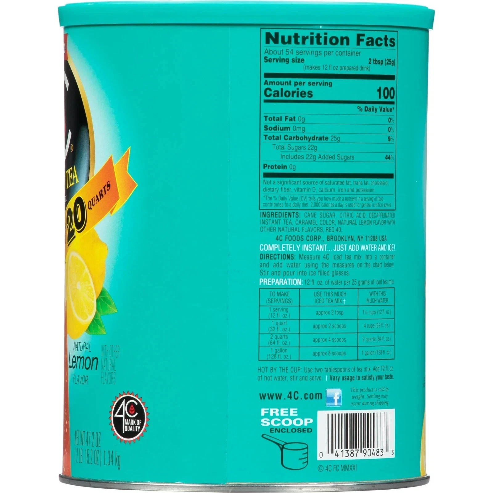 (2 pack) 4C Decaf Iced Tea Mix, Lemon, 47.2 oz, 1 Ct