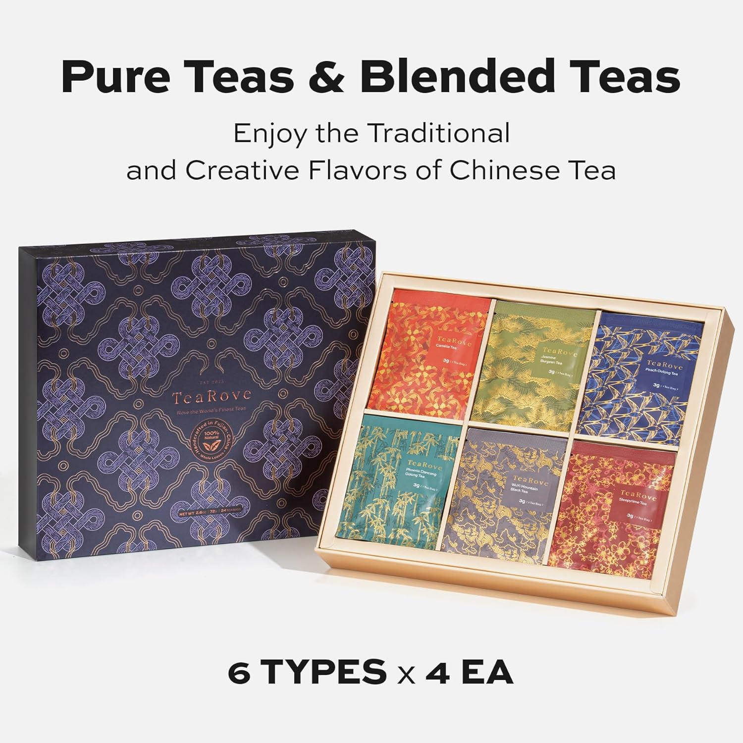Fancy Tea Gift Set with Gold-Foil Presentation Box, 24 Assorted Variety Pyramid