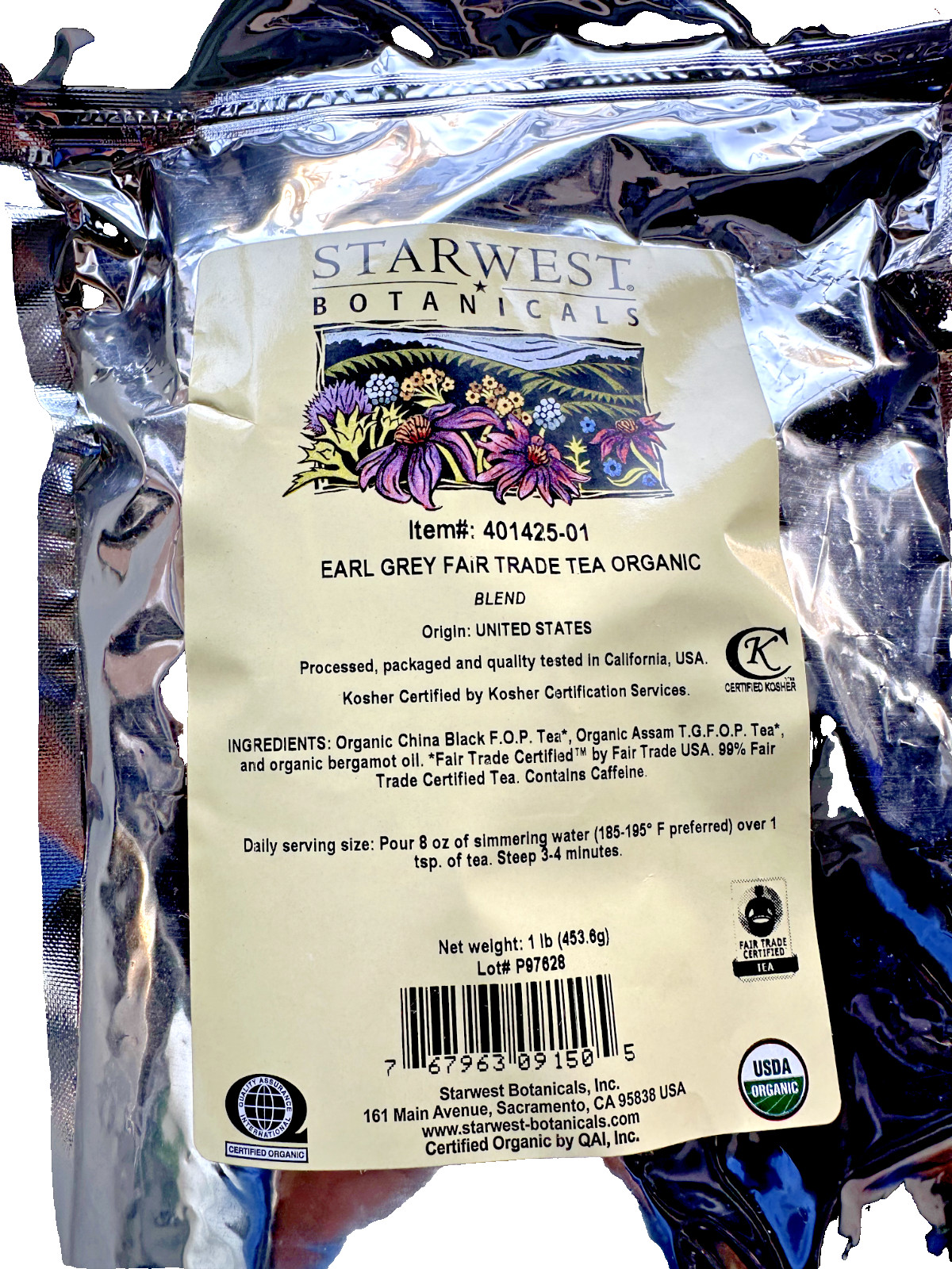STARWEST BOTANICALS ORGANIC EARL GREY FAIR TRADE TEA KOSHER CERTIFIED 1 Ib