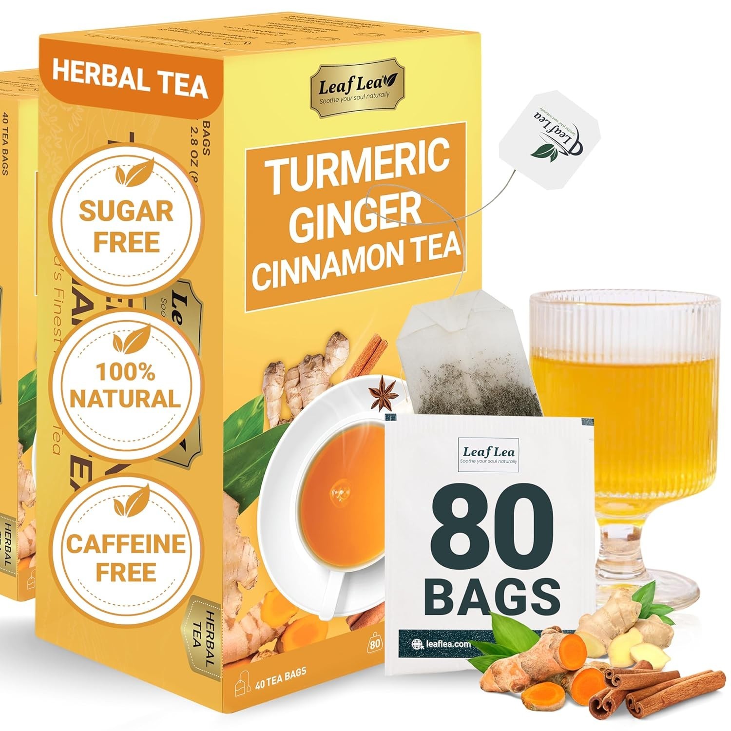 Te de Curcuma con Jengibre y Canela Infusion Natural Sin Cafeina 80 Bolsas