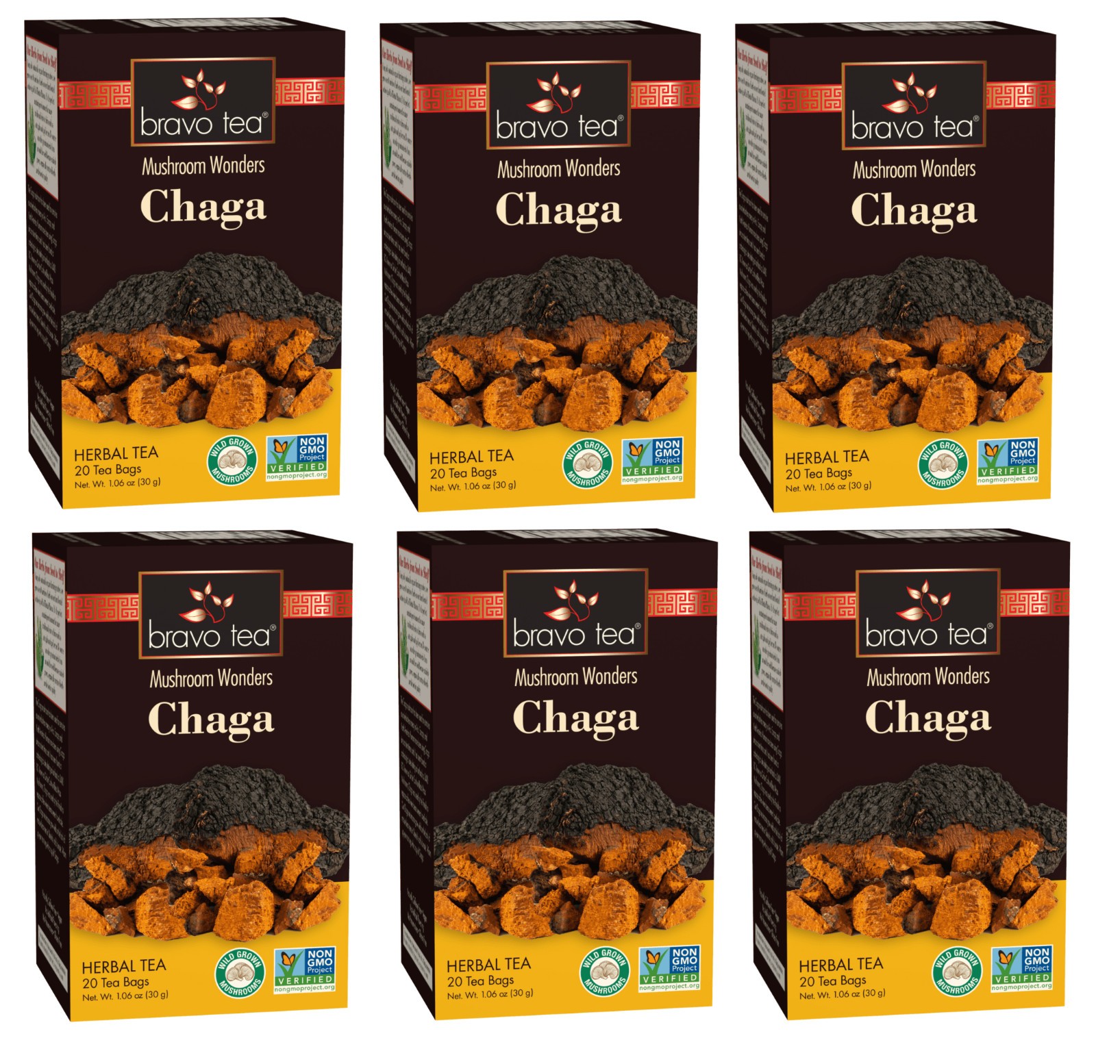 6 PACK Bravo Herbal Tea Mushroom Wonders Chaga HEALTHY IMMUNE Function NO GMO