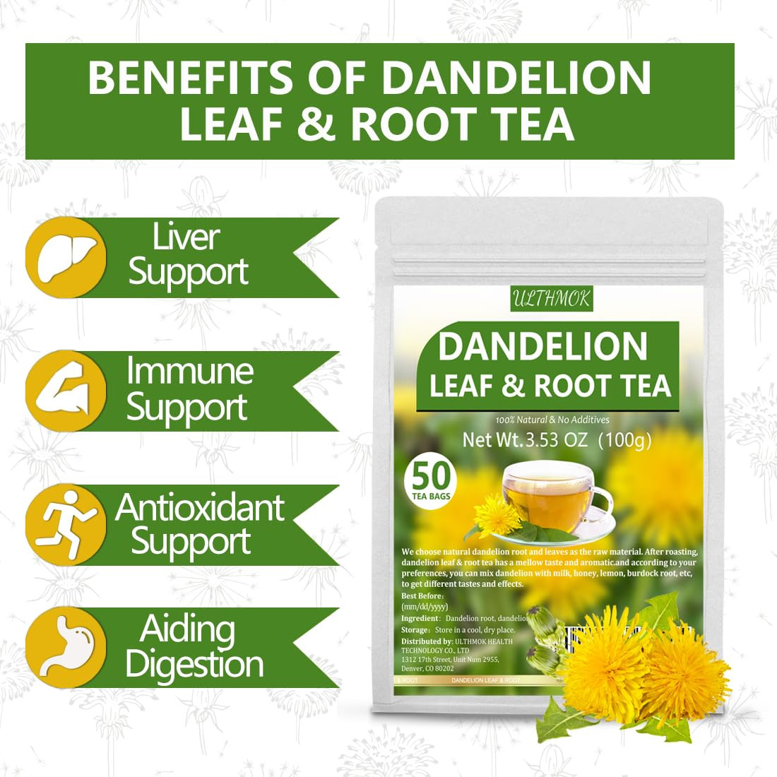 Dandelion Tea 50 Leaf & Root Herbal Tea Bags for Liver & Kidney Health Detox