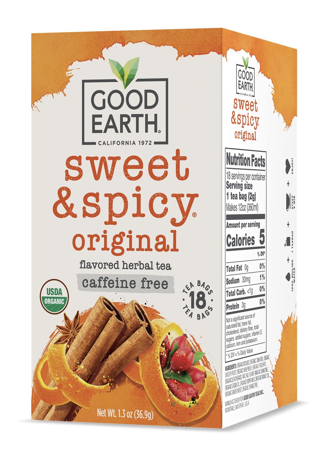 Good Earth Organic Sweet Spicy Herbal Tea Caffeine Free 18 Tea Bags