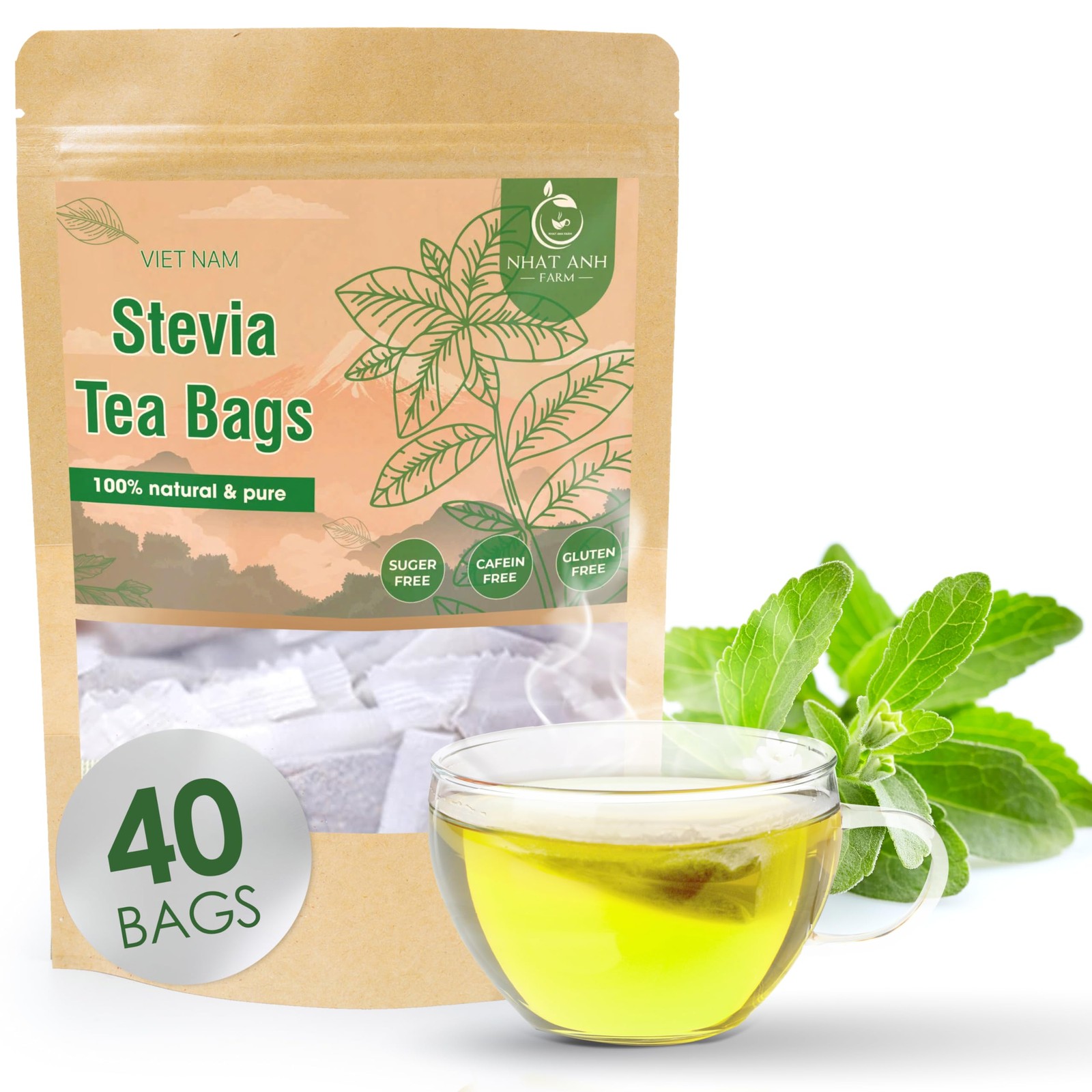 Premium Stevia Tea Bags – 40 Count, 100 Natural, Sugar-Free, Herbal Blend