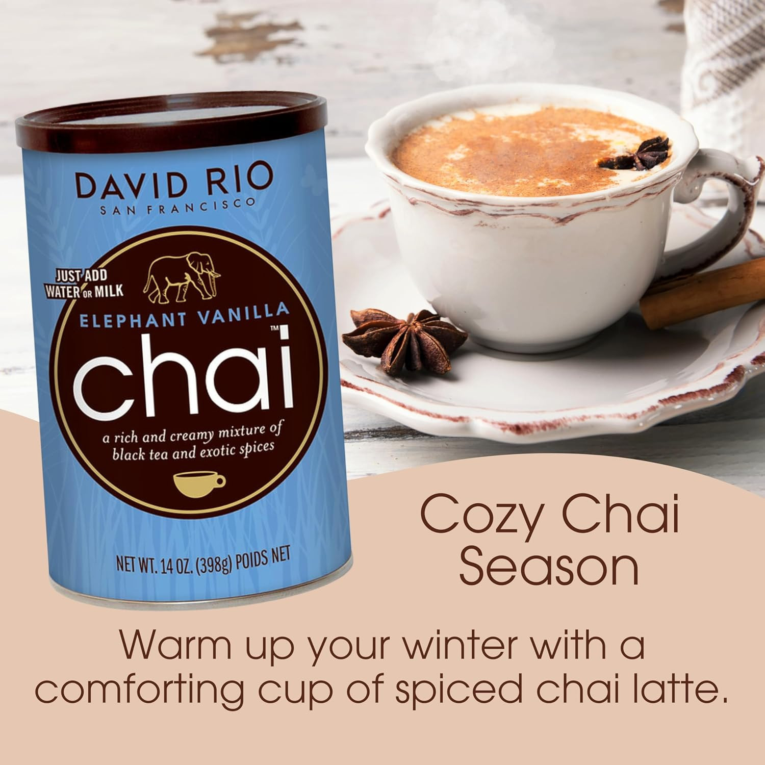 Elephant Vanilla Chai Tea Latte Mix, 14 Oz, Black Tea, Organic Spices, Dairy Fre
