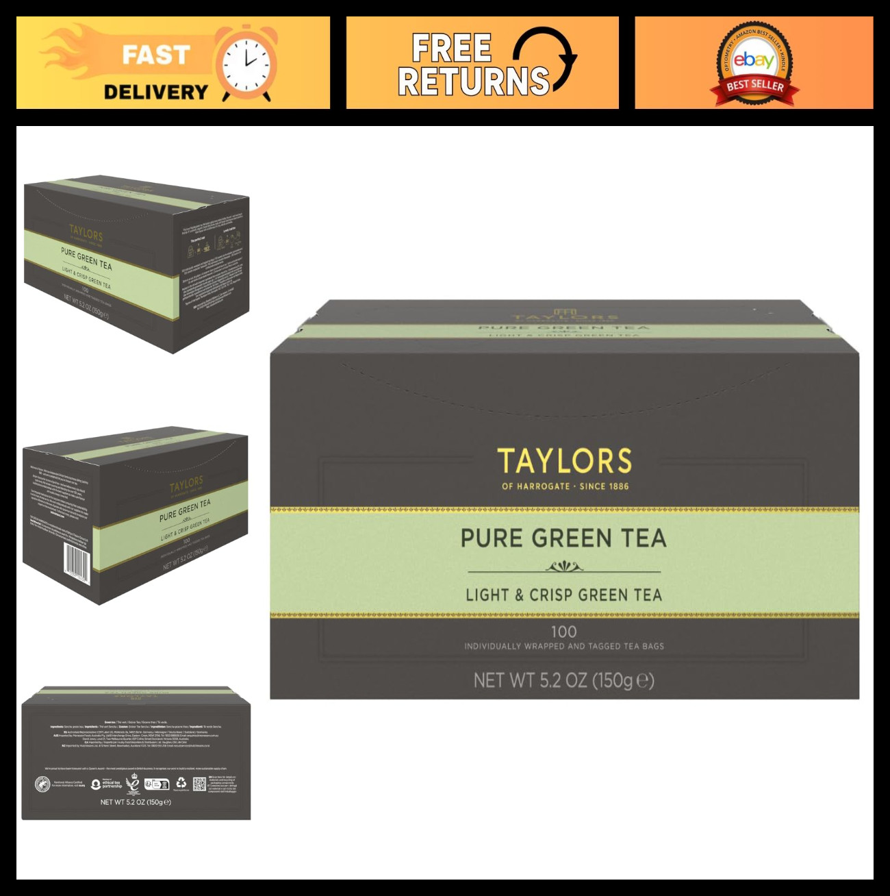 Pure Green Tea Bags – 100 Individually Wrapped, Caffeinated, Hot/Iced, Mellow Fl