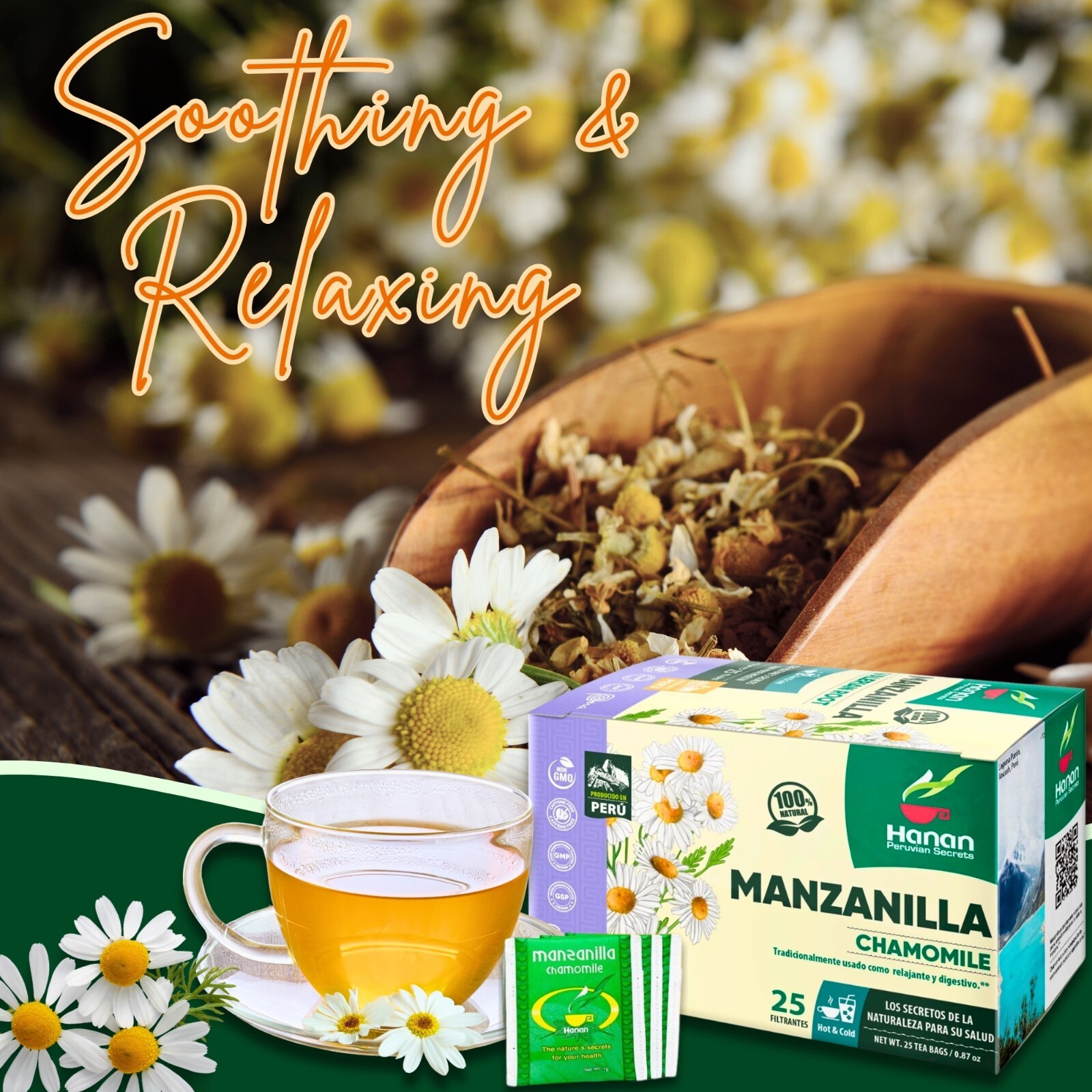 Chamomile Tea 25 Herbal Teabags of Te De Manzanilla Natural Dried Camomile -Peru