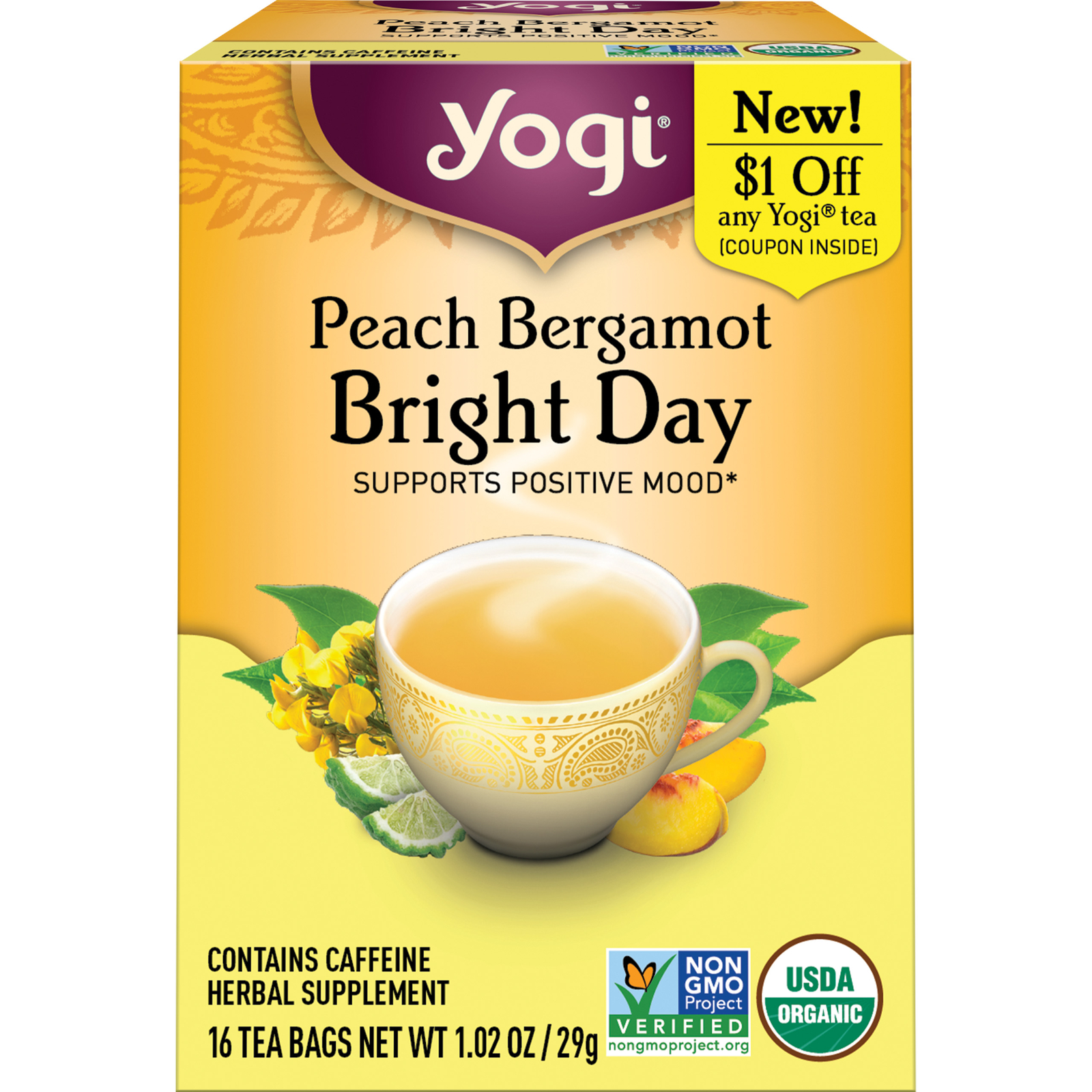 Yogi Tea – Peach Bergamot Bright Day Tea (4 Pack) Contains Caffeine 64 Tea Bags