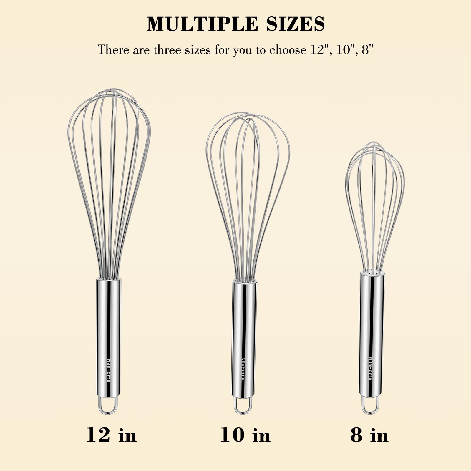 NileHome Stainless Steel Whisk Set 8″ 10″ 12″ Kitchen 3 P, Silver-8″10″12″