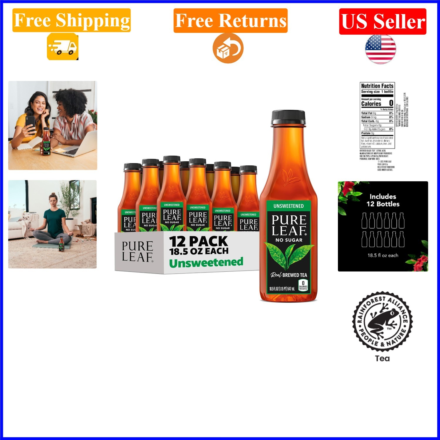 Pure Leaf Unsweetened Iced Tea, 12 Bottles, 18.5oz Each
