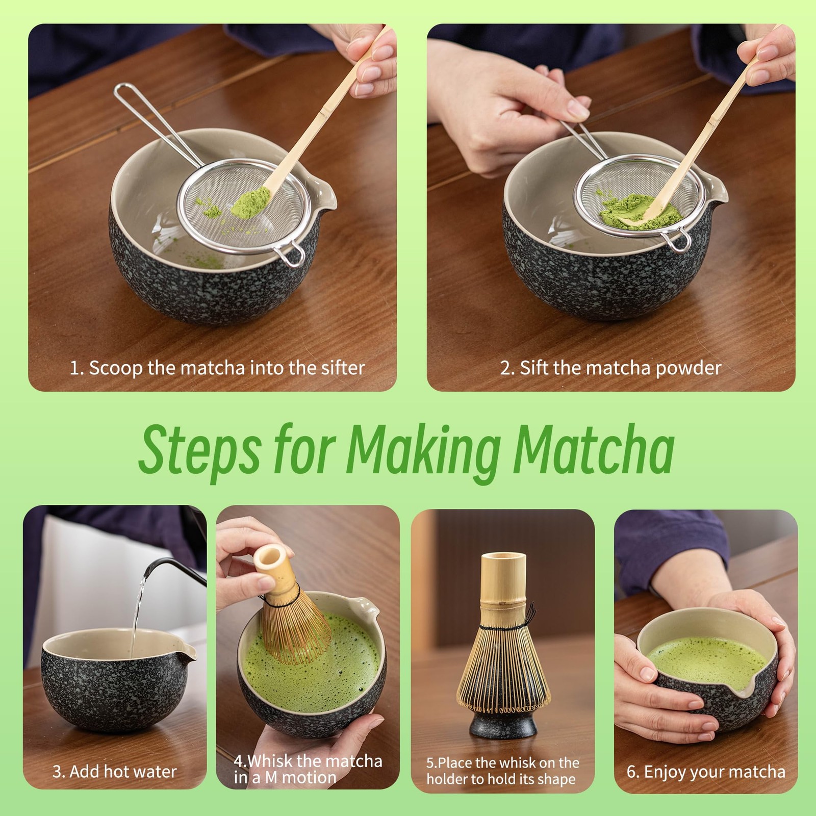 Matcha Whisk Set 7 Pc Black Bowl Whisk Holder Tea Ceremony Gift Set