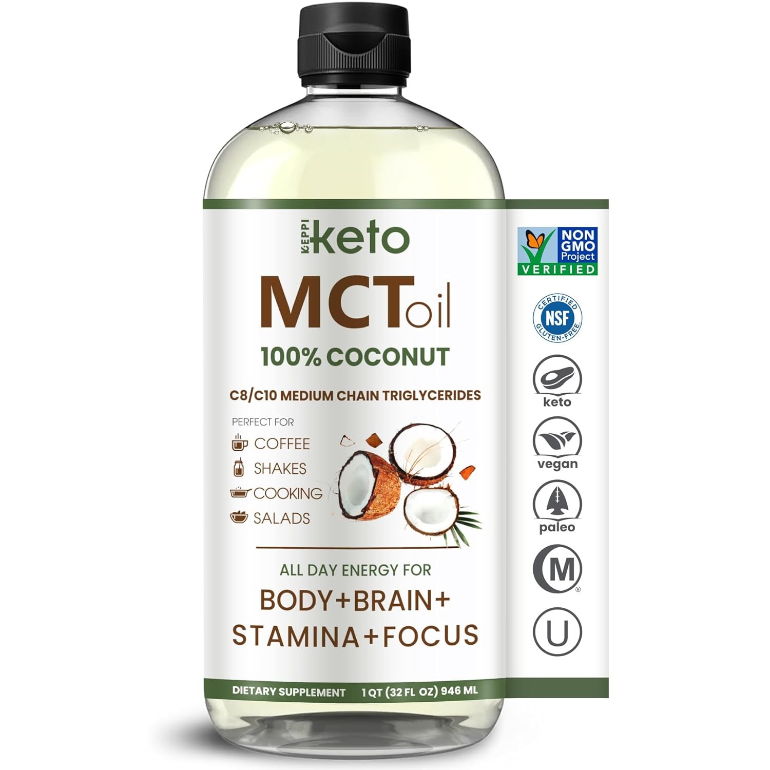 Keppi Keto MCT Oil – Flavorless C8 and 32 Fl Oz (Pack of 1), & C10