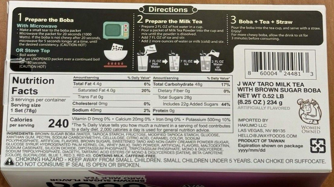 J Way Instant Boba Taro Milk Tea with Brown Sugar Pearls, 3 Drink Kit, 8.25. oz
