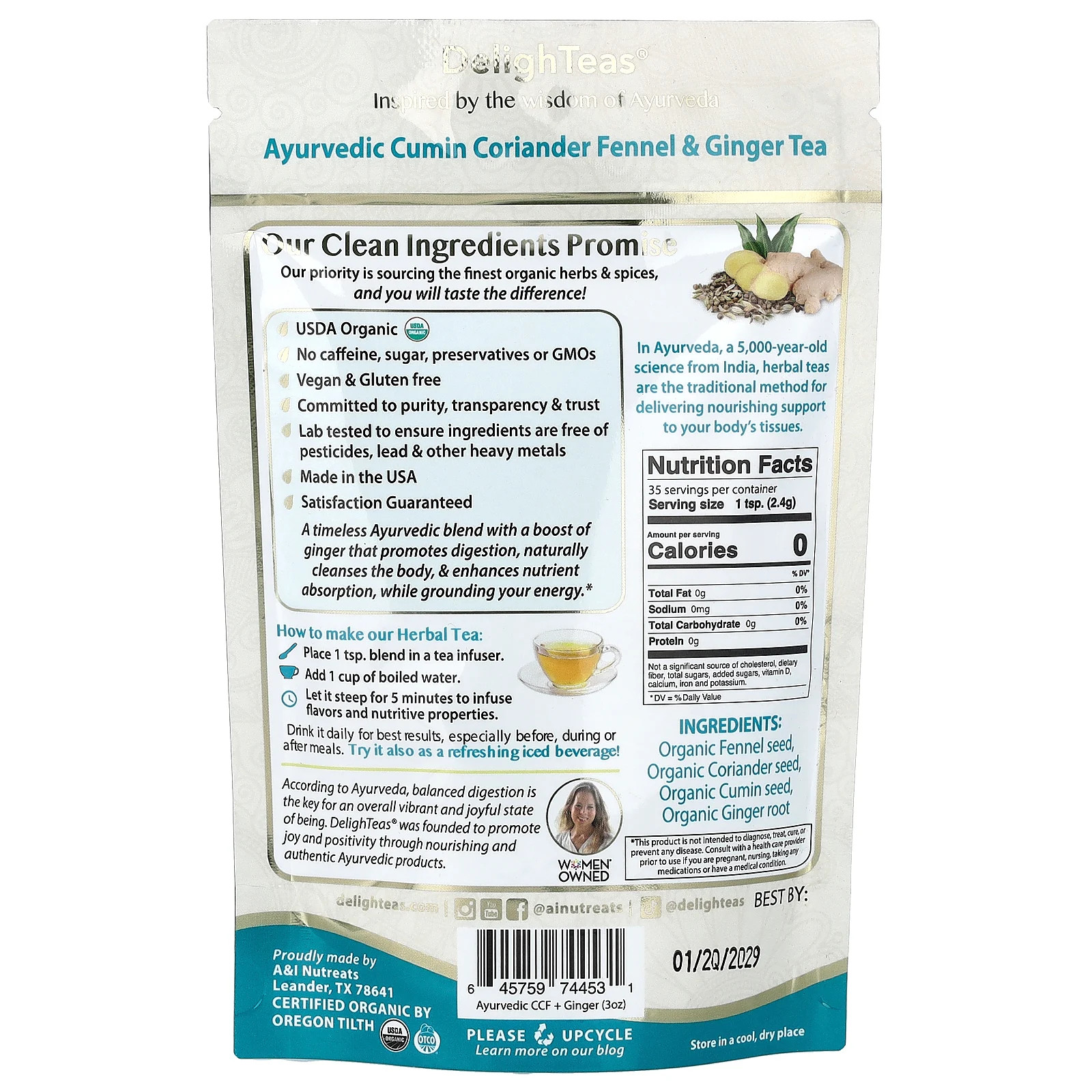 Ayurvedic CCF Ginger, Herbal Detox Tea, Loose Blend, Caffeine Free, 3 oz (85 g)