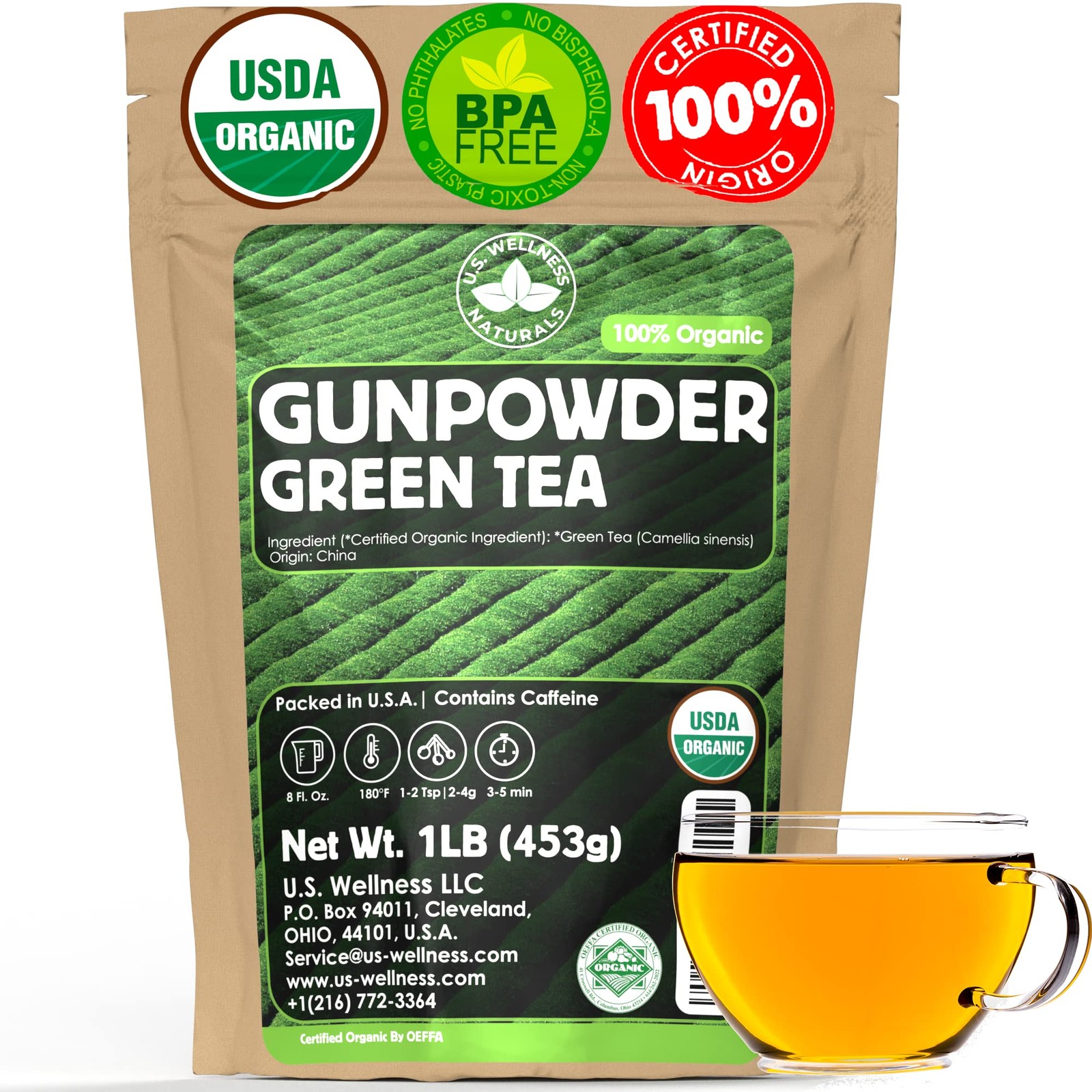 U.S. Wellness Naturals Organic Gunpowder Green Tea | 1 Pound (Pack of 1)