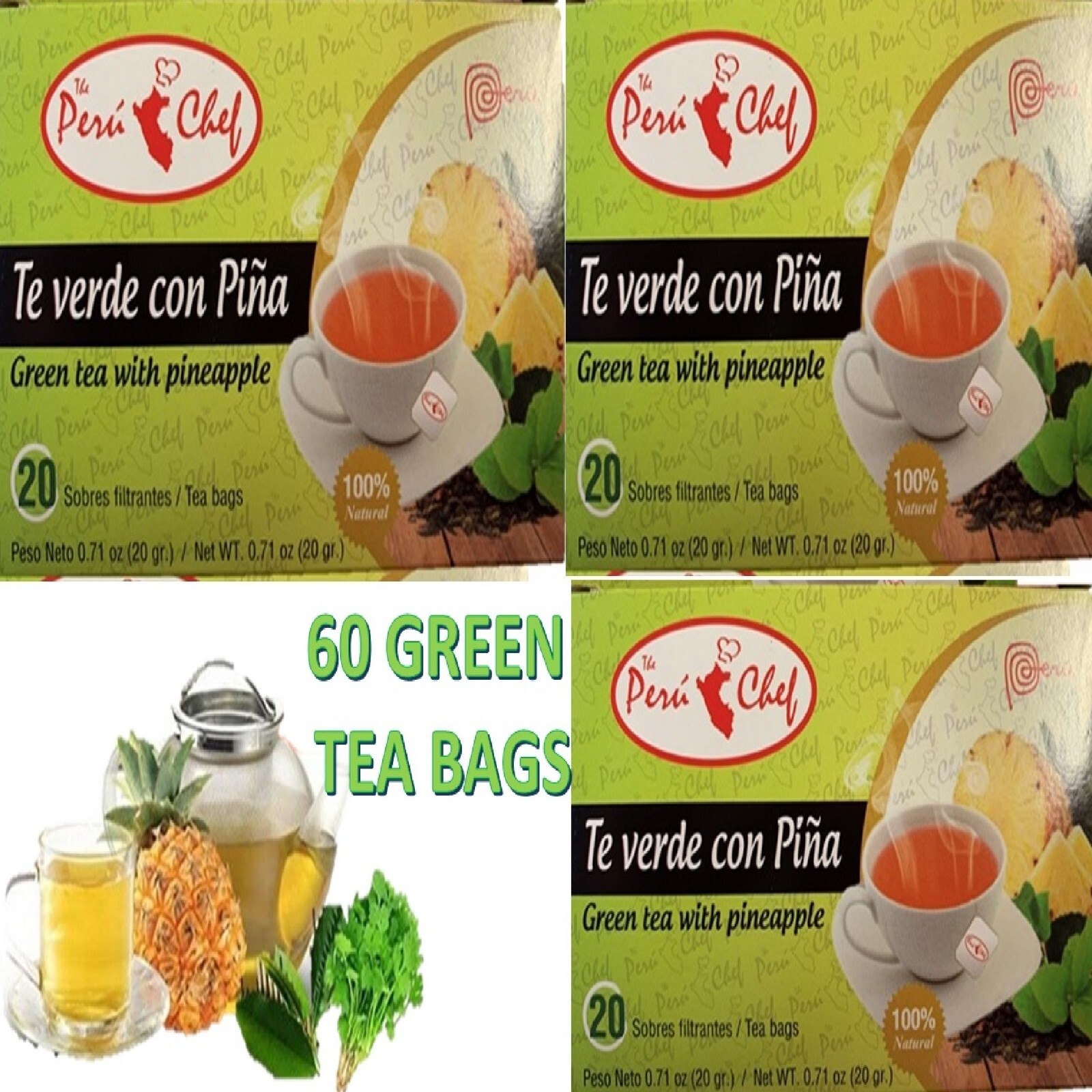 Green tea with Pineapple Flavor 20 count 3 Pack total 60 bags detox te 4 U