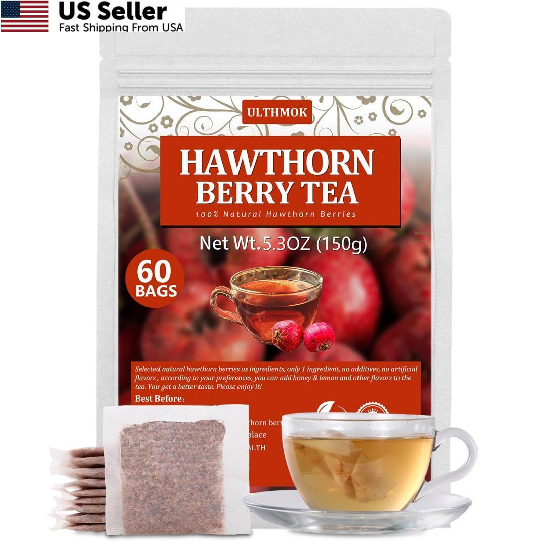 Hawthorn Berry Tea 60 Bags Natural Antioxidant Caffeine Free Herbal