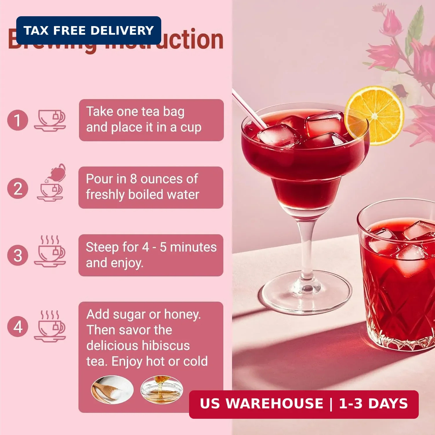 Hibiscus Tea Bags, 100% Natural Hibiscus Flowers Herbal High Blood Pressure Tea