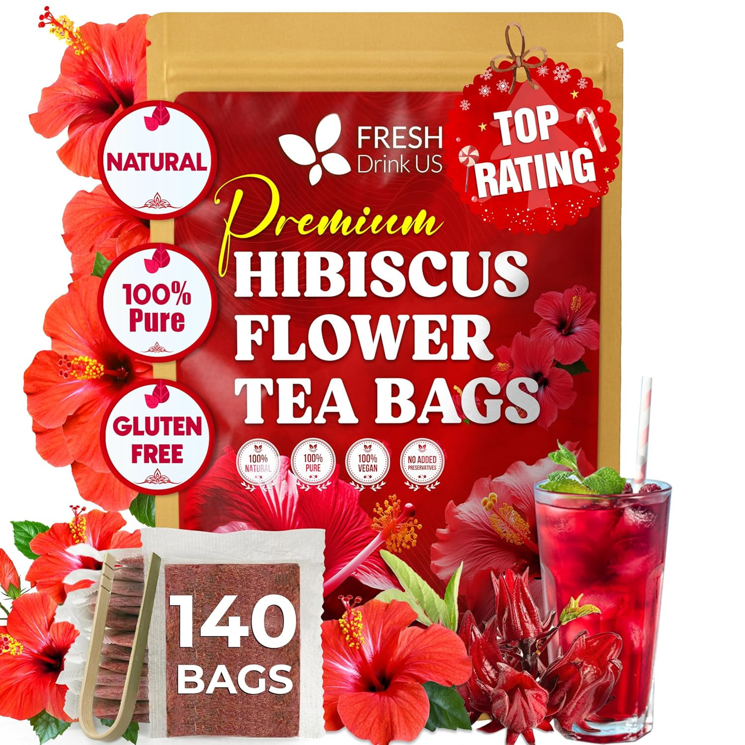 , Premium 140 Hibiscus Flowers Tea Bags, 100% Natural, Handmade & Pure from Hibi