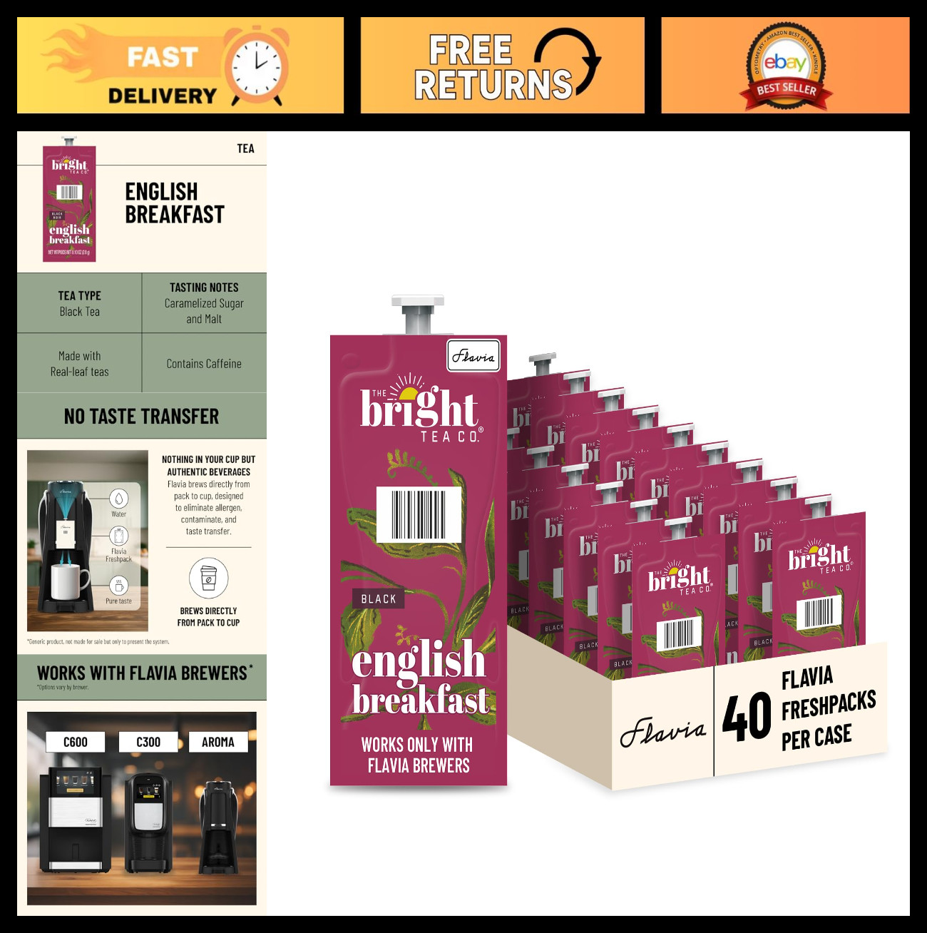 English Breakfast Tea Freshpacks for Flavia Brewers – Case of 40, Premium Qualit