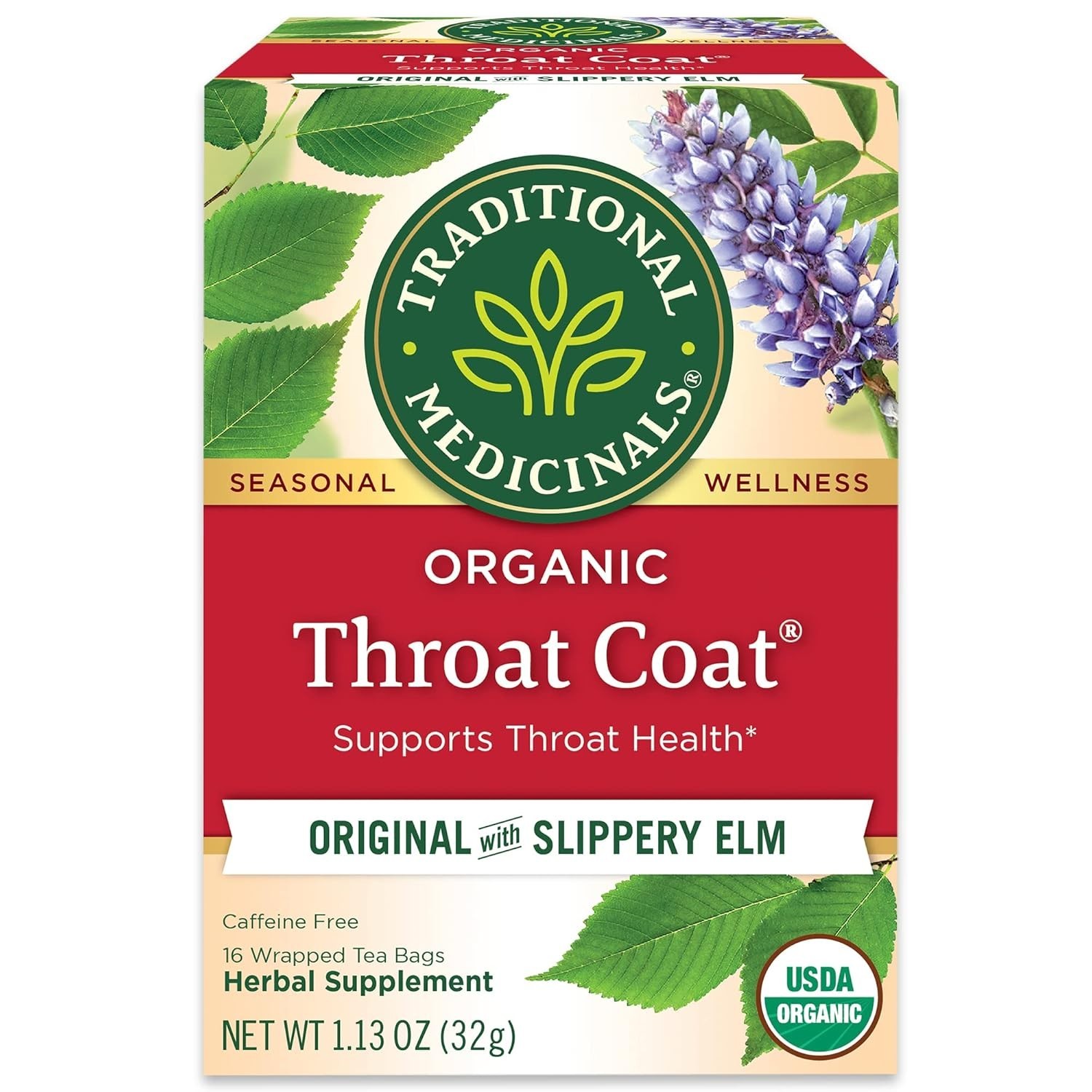 Organic Throat Coat Original with Slippery Elm, Caffeine Free, 16 Tea Bags…